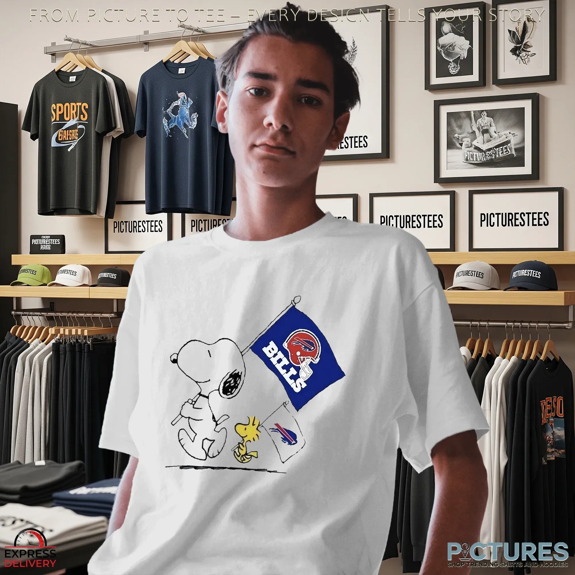 Buffalo Bills Snoopy and Woodstock Peanuts NFL Football Fan Graphic T Shirt