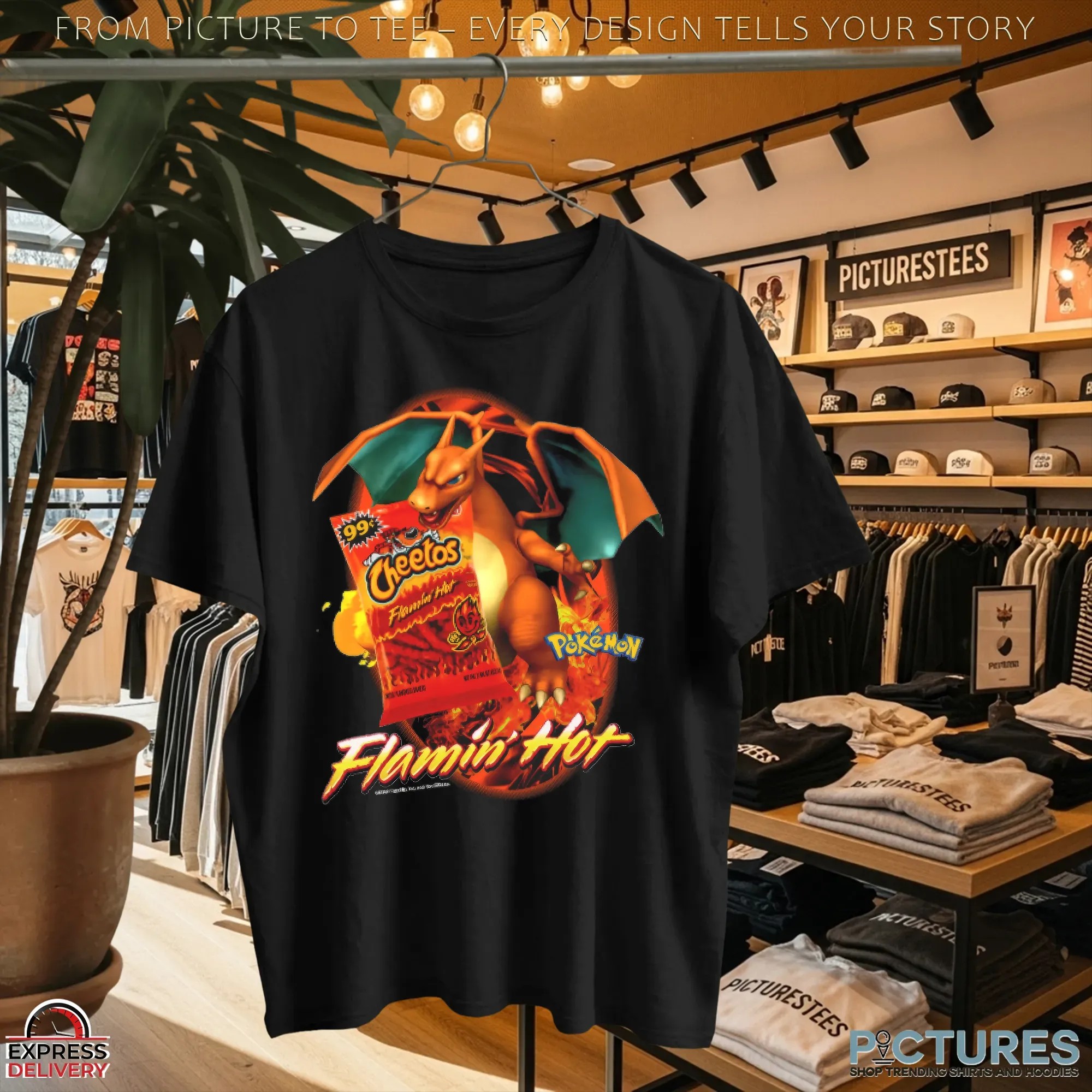 Charizard Pokémon Cheetos Flamin' Hot Anime Fans and Retro Snack Lovers Mashup T Shirt