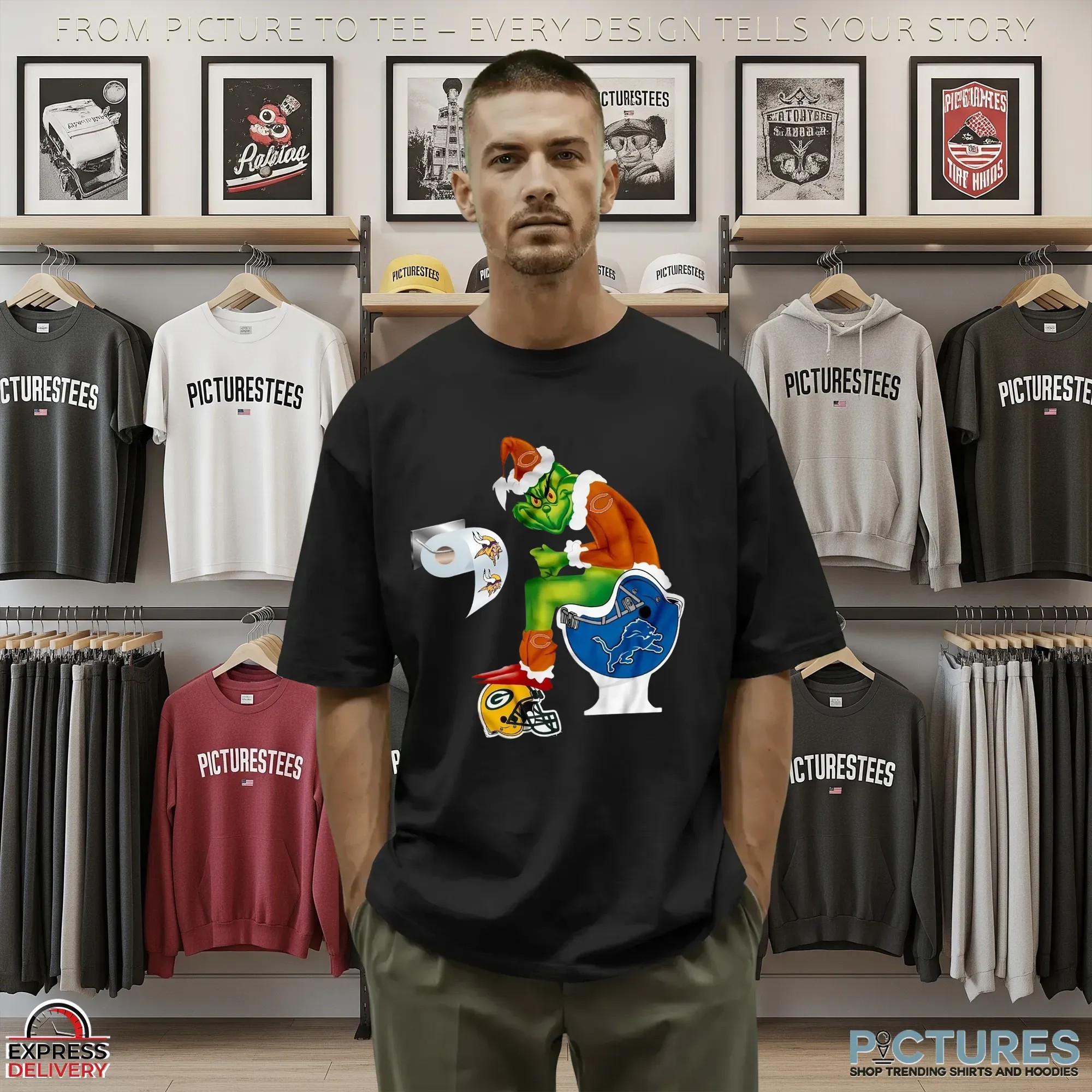 Chicago Bears Grinch Santa Rivalry NFL Christmas Parody Graphic T Shirt