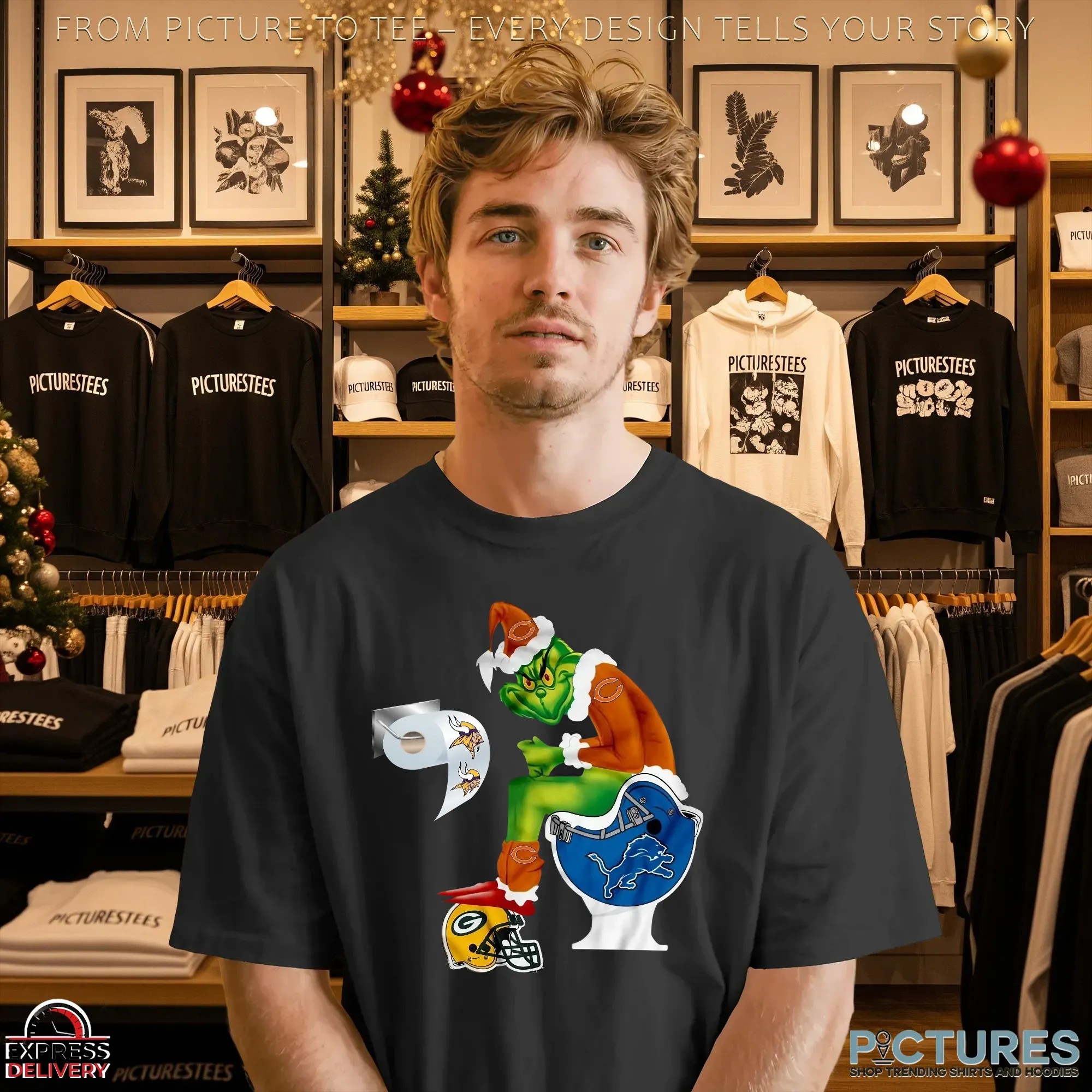 Chicago Bears Grinch Santa Rivalry NFL Christmas Parody Graphic T Shirt