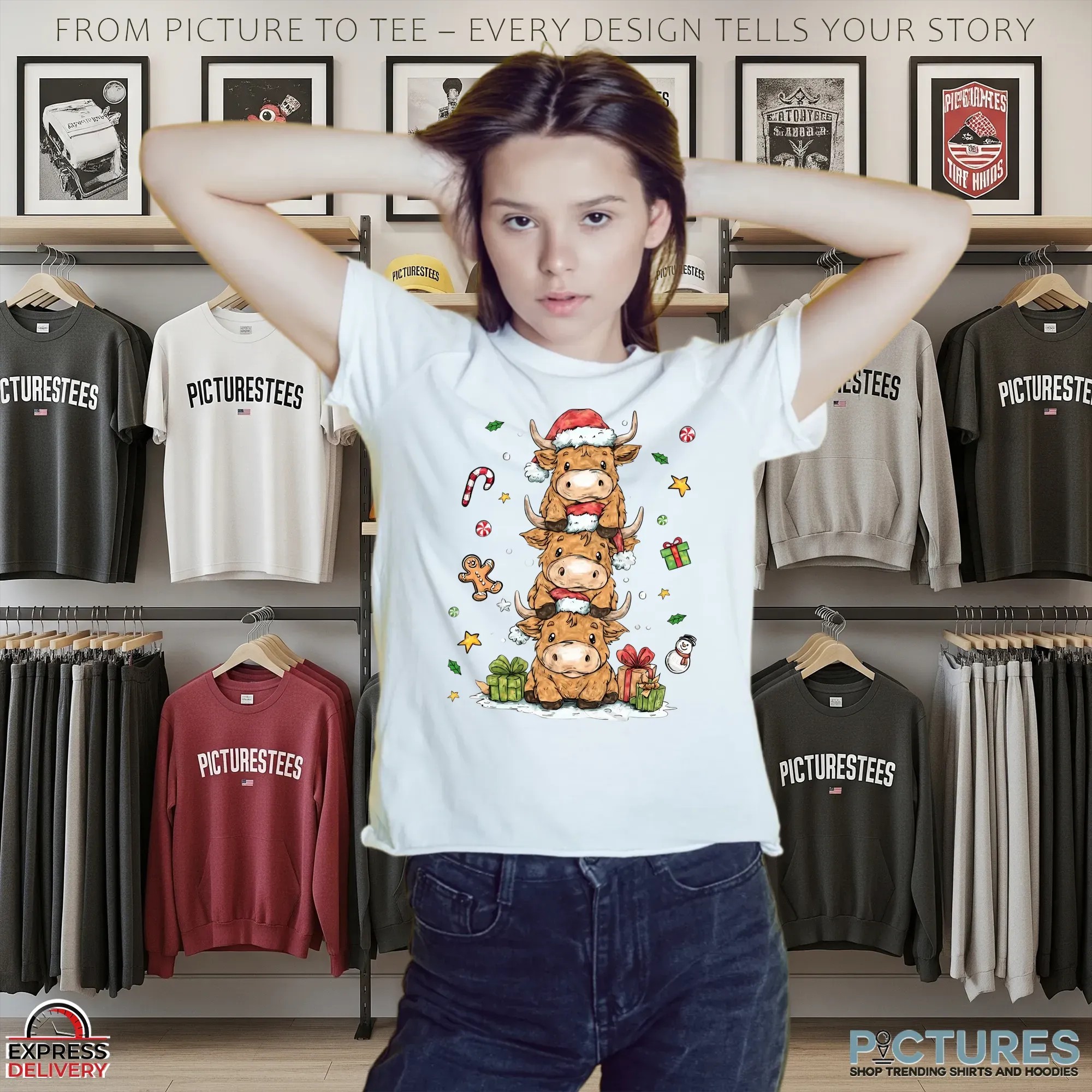 Cute Highland Cow stack Cozy Winter Fluffy Cow Christmas Trees T Shirt