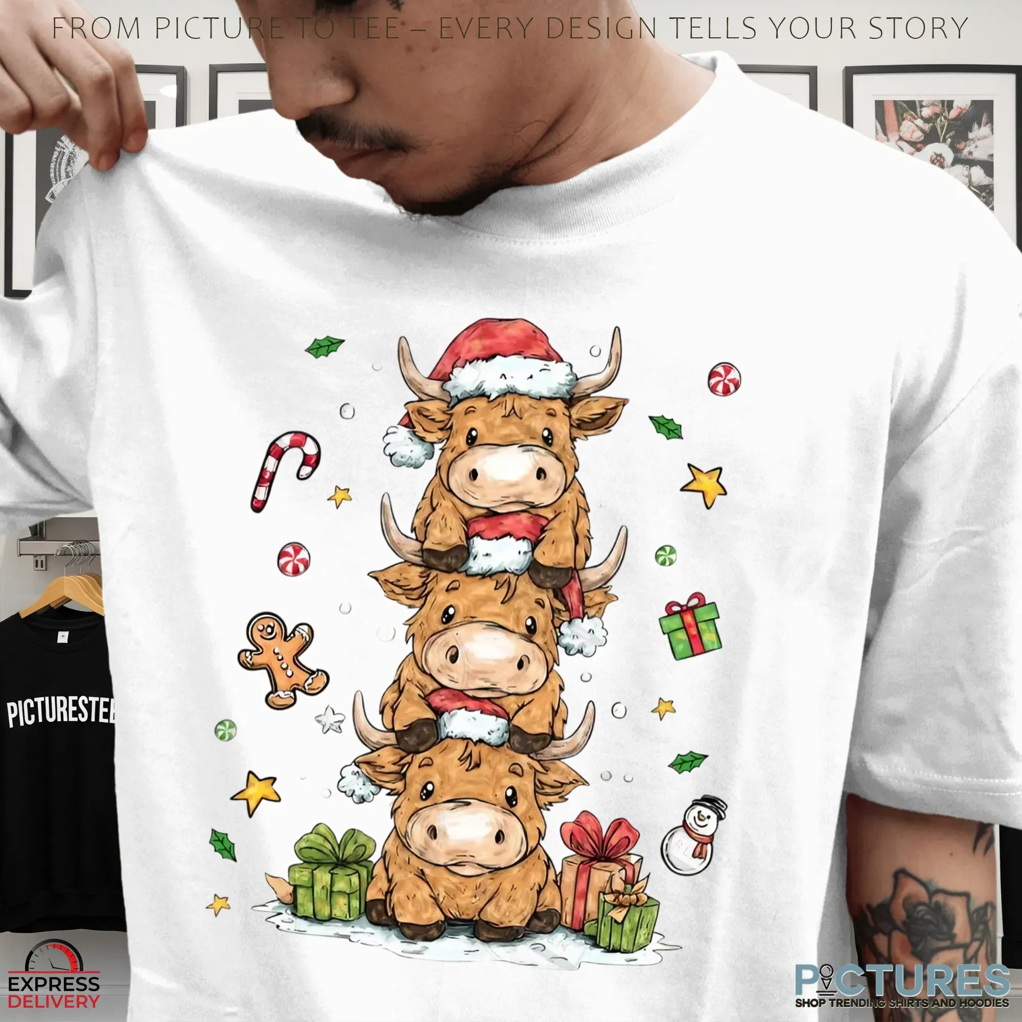 Cute Highland Cow stack Cozy Winter Fluffy Cow Christmas Trees T Shirt