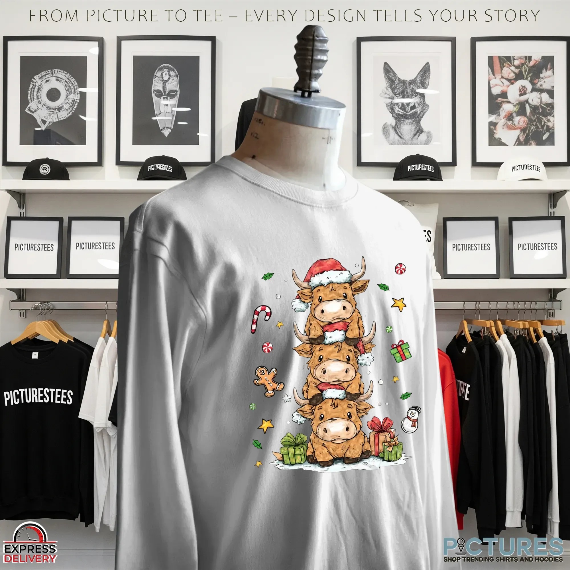 Cute Highland Cow stack Cozy Winter Fluffy Cow Christmas Trees T Shirt