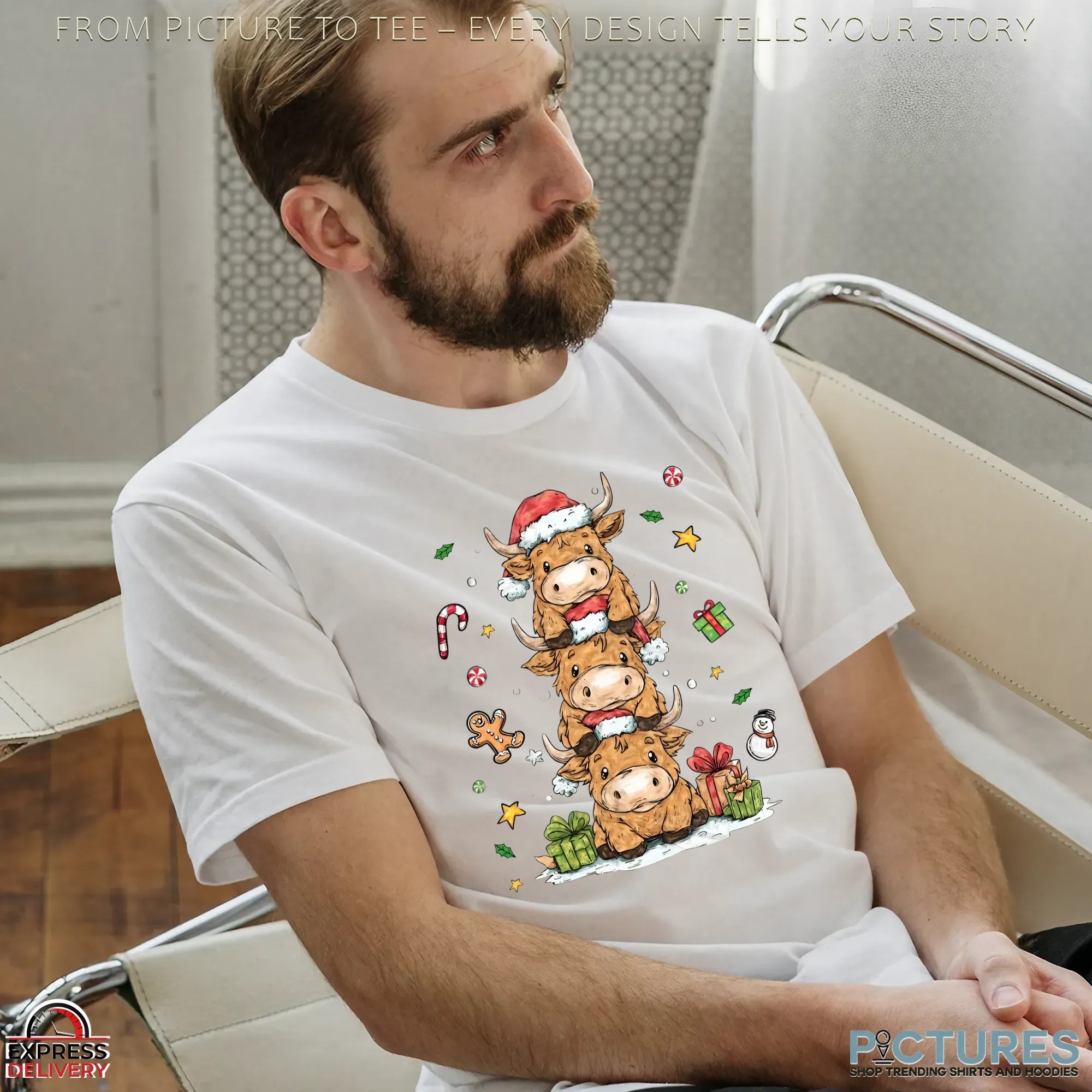 Cute Highland Cow stack Cozy Winter Fluffy Cow Christmas Trees T Shirt