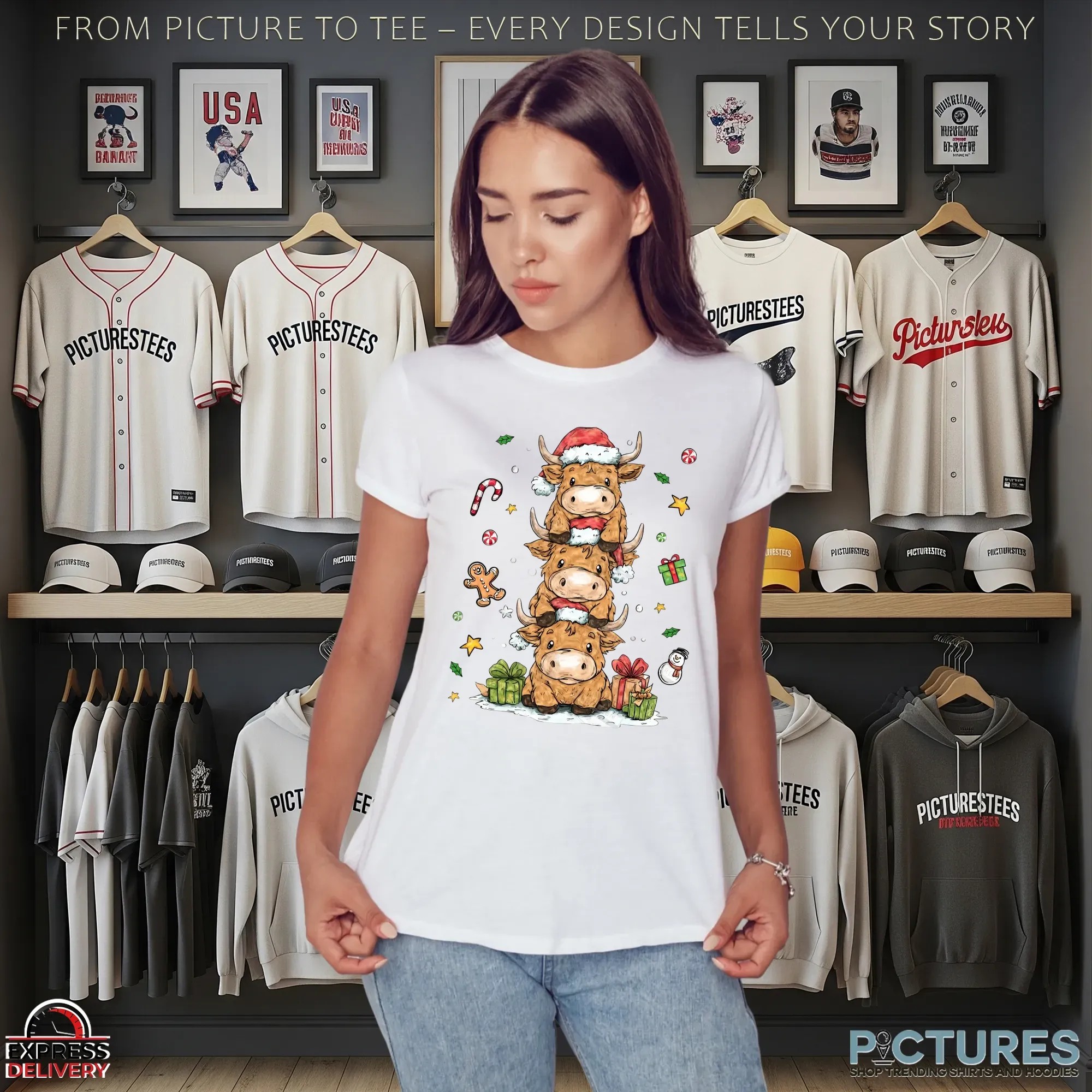 Cute Highland Cow stack Cozy Winter Fluffy Cow Christmas Trees T Shirt