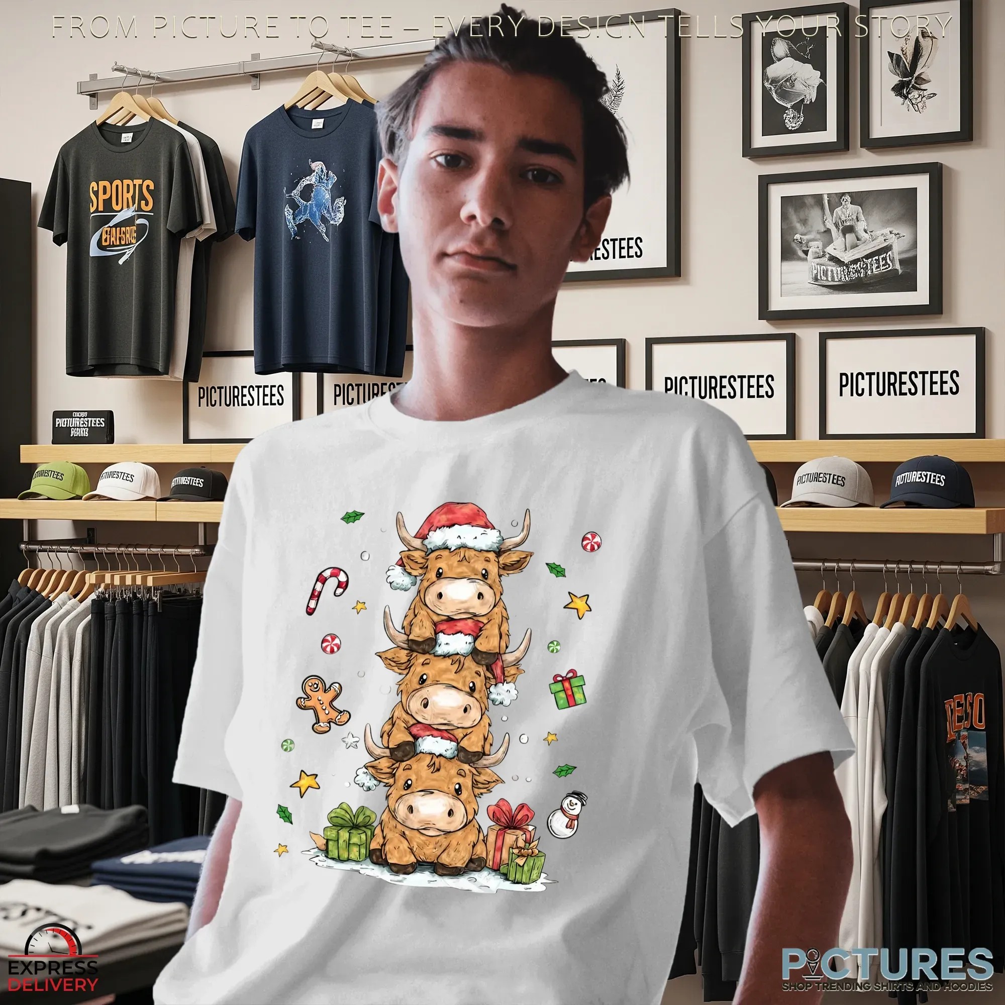 Cute Highland Cow stack Cozy Winter Fluffy Cow Christmas Trees T Shirt