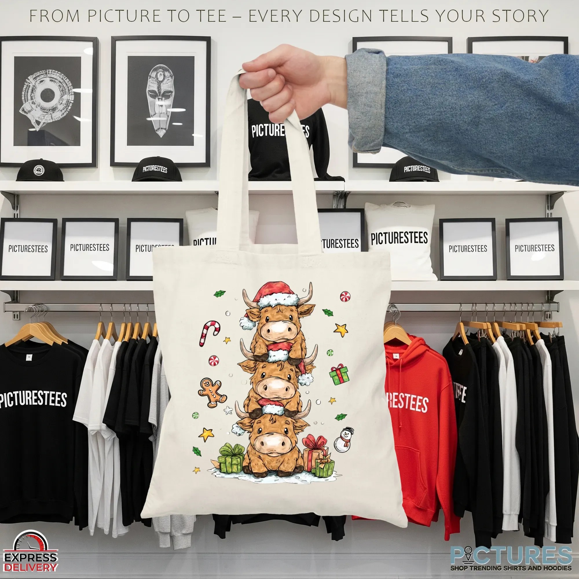 Cute Highland Cow stack Cozy Winter Fluffy Cow Christmas Trees T Shirt