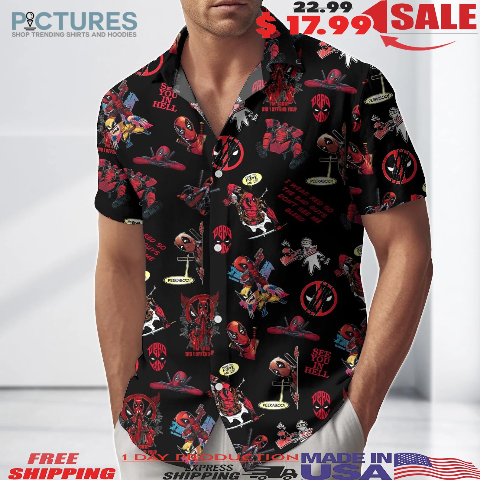 Deadpool See You In Hell I Wear Red So The Bad Guys Don't See Me Bleed 3D Button Up Hawaiian Shirt