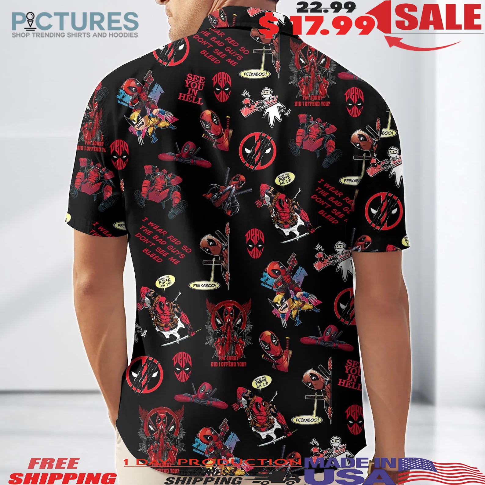 Deadpool See You In Hell I Wear Red So The Bad Guys Don't See Me Bleed 3D Button Up Hawaiian Shirt