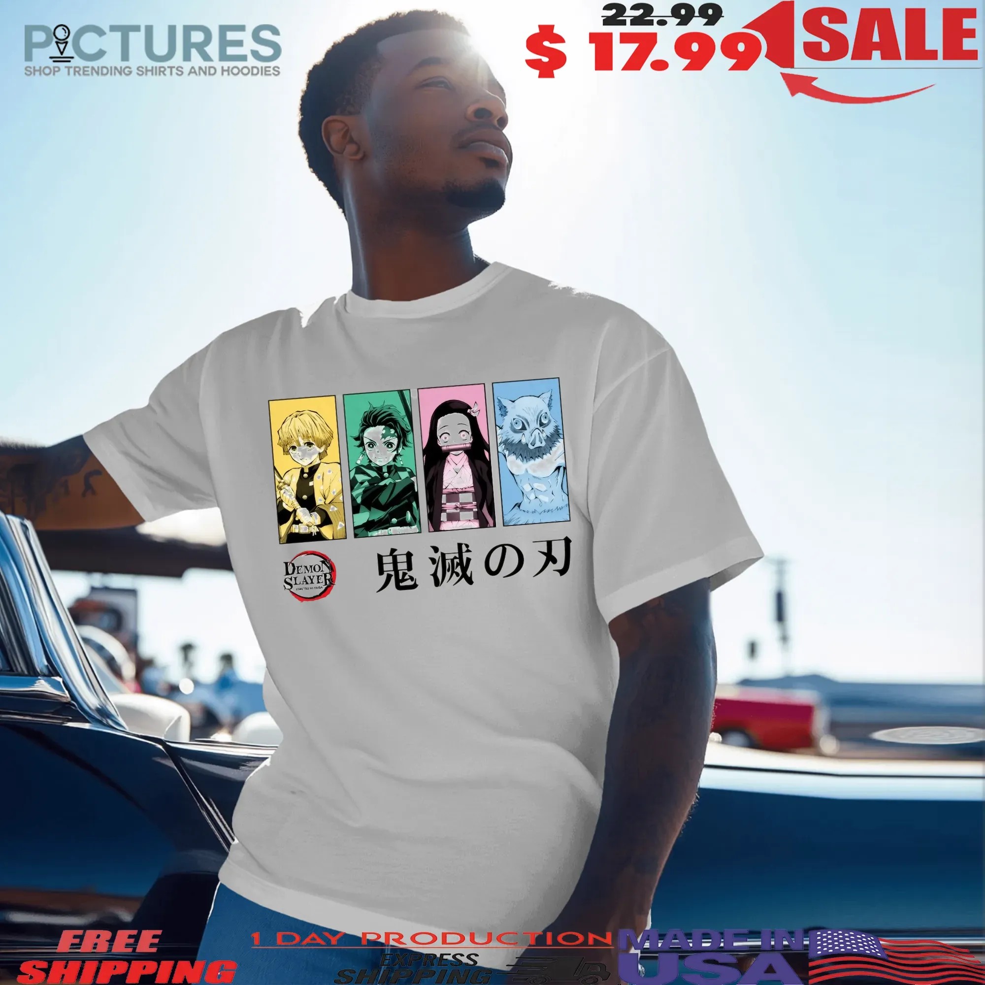 Demon Slayer SSN 1 Tanjiro Nezuko Zenitsu Inosuke Monochromatic Group Framed on Tofu T Shirt