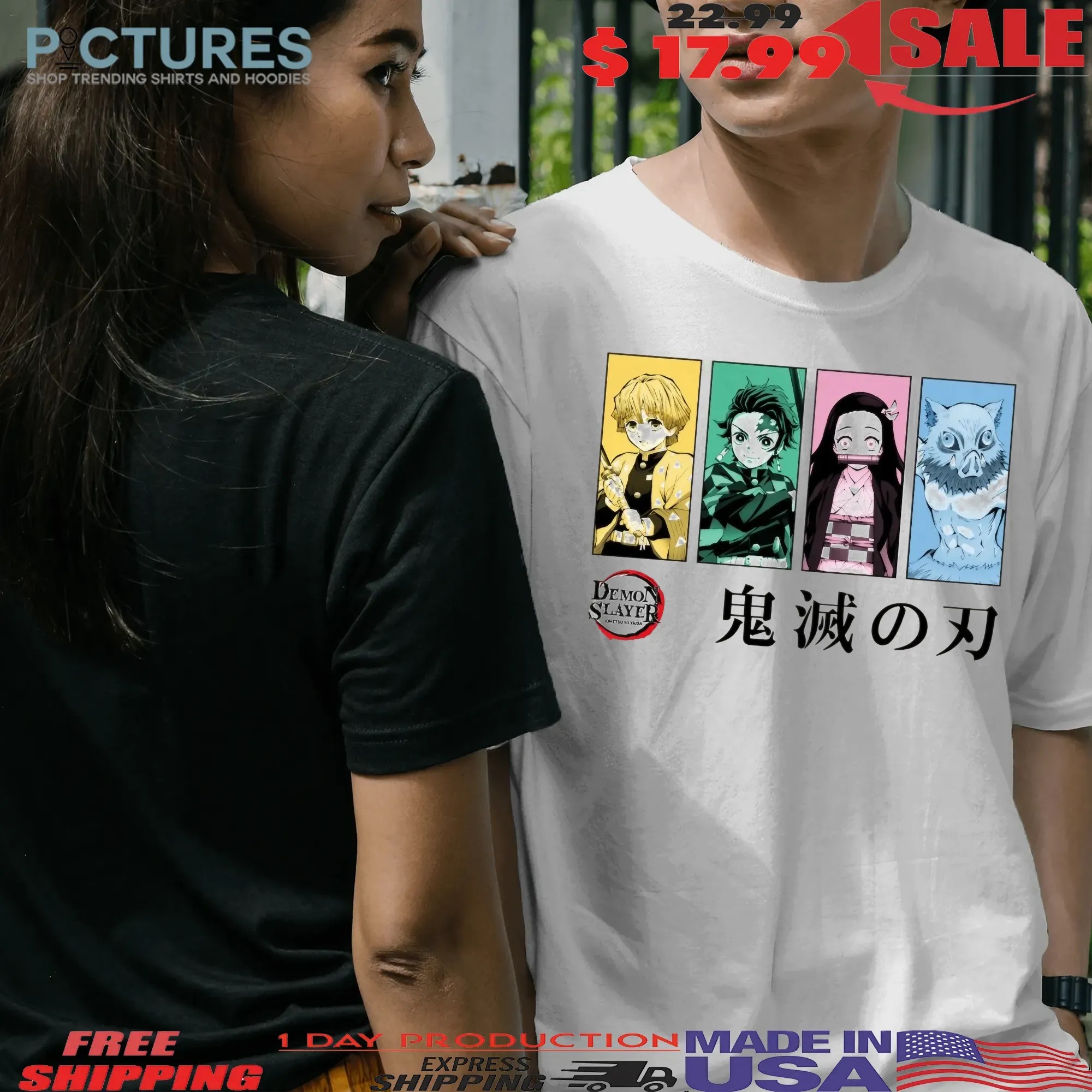 Demon Slayer SSN 1 Tanjiro Nezuko Zenitsu Inosuke Monochromatic Group Framed on Tofu T Shirt