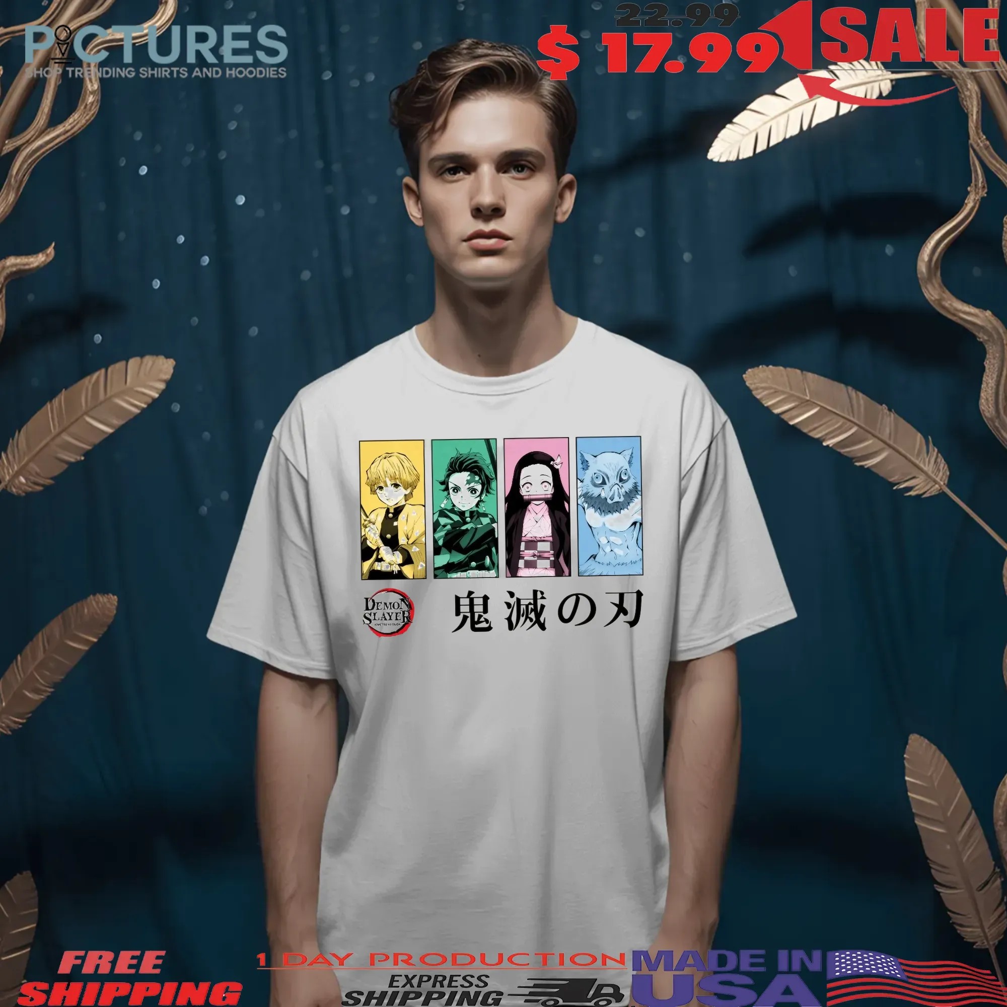 Demon Slayer SSN 1 Tanjiro Nezuko Zenitsu Inosuke Monochromatic Group Framed on Tofu T Shirt