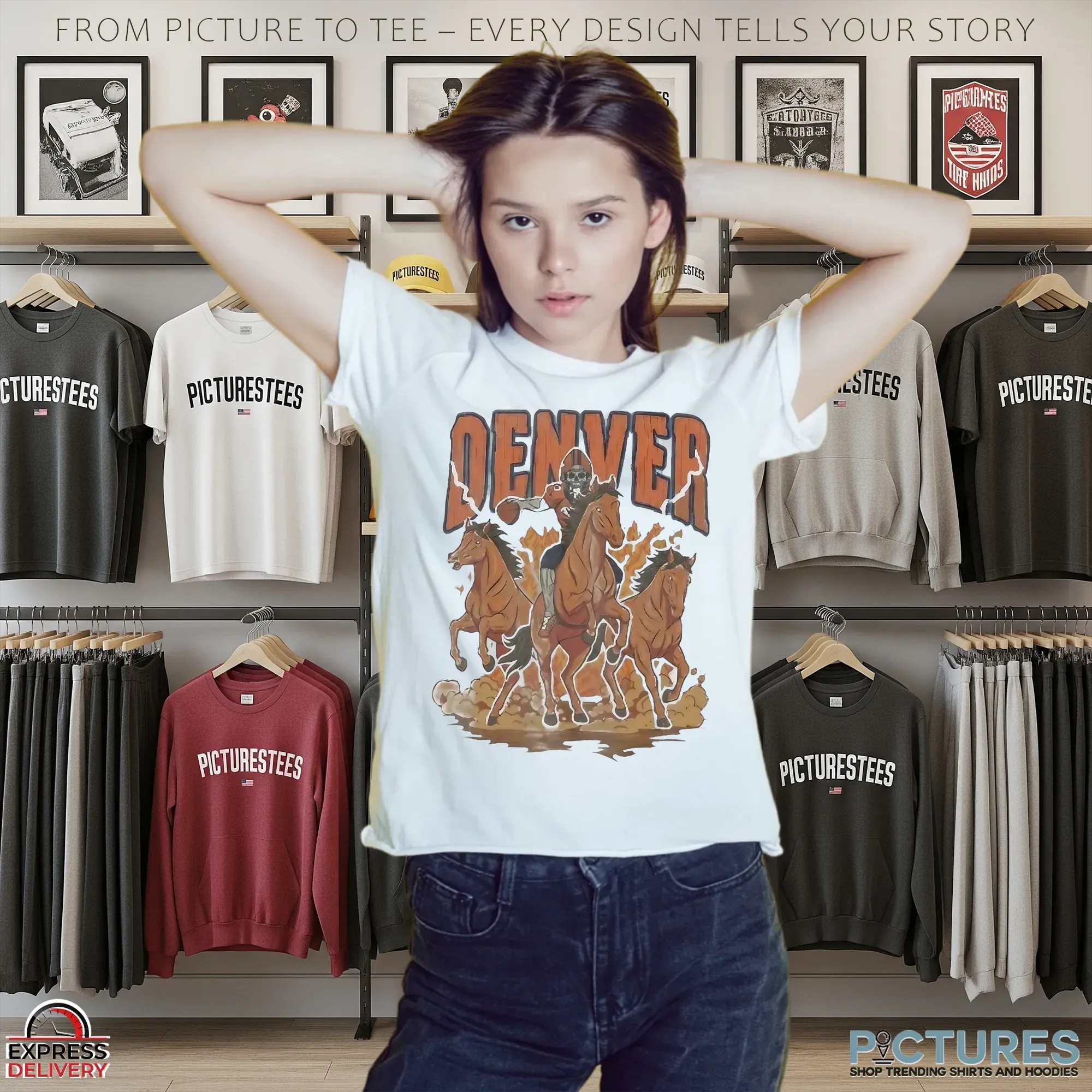 Denver Broncos Football Skeleton Riding Horse T Shirt