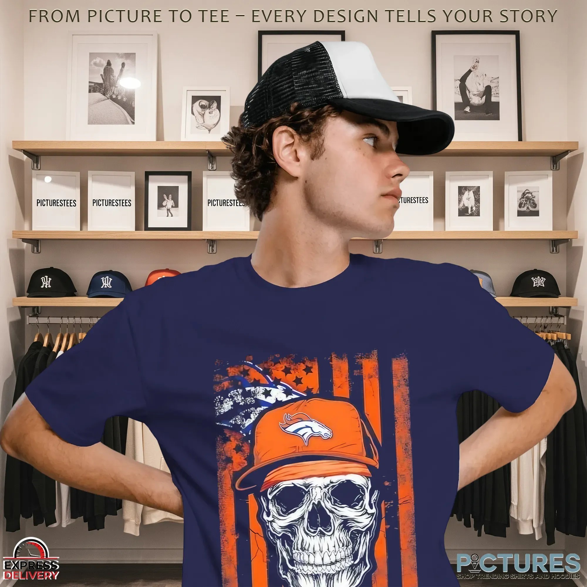 Denver Broncos Football Skull Hip Hop US Flag T Shirt