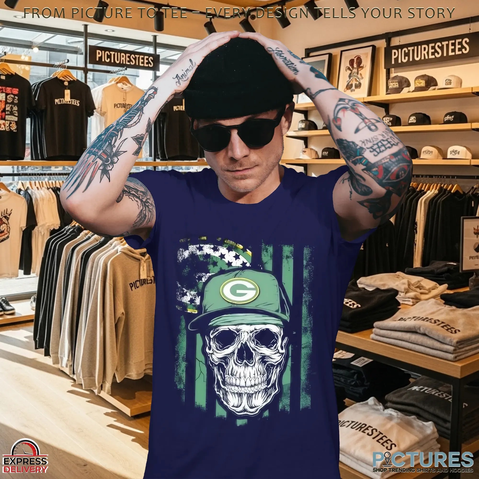 Green Bay Packers Football Skull Hip Hop US Flag T Shirt