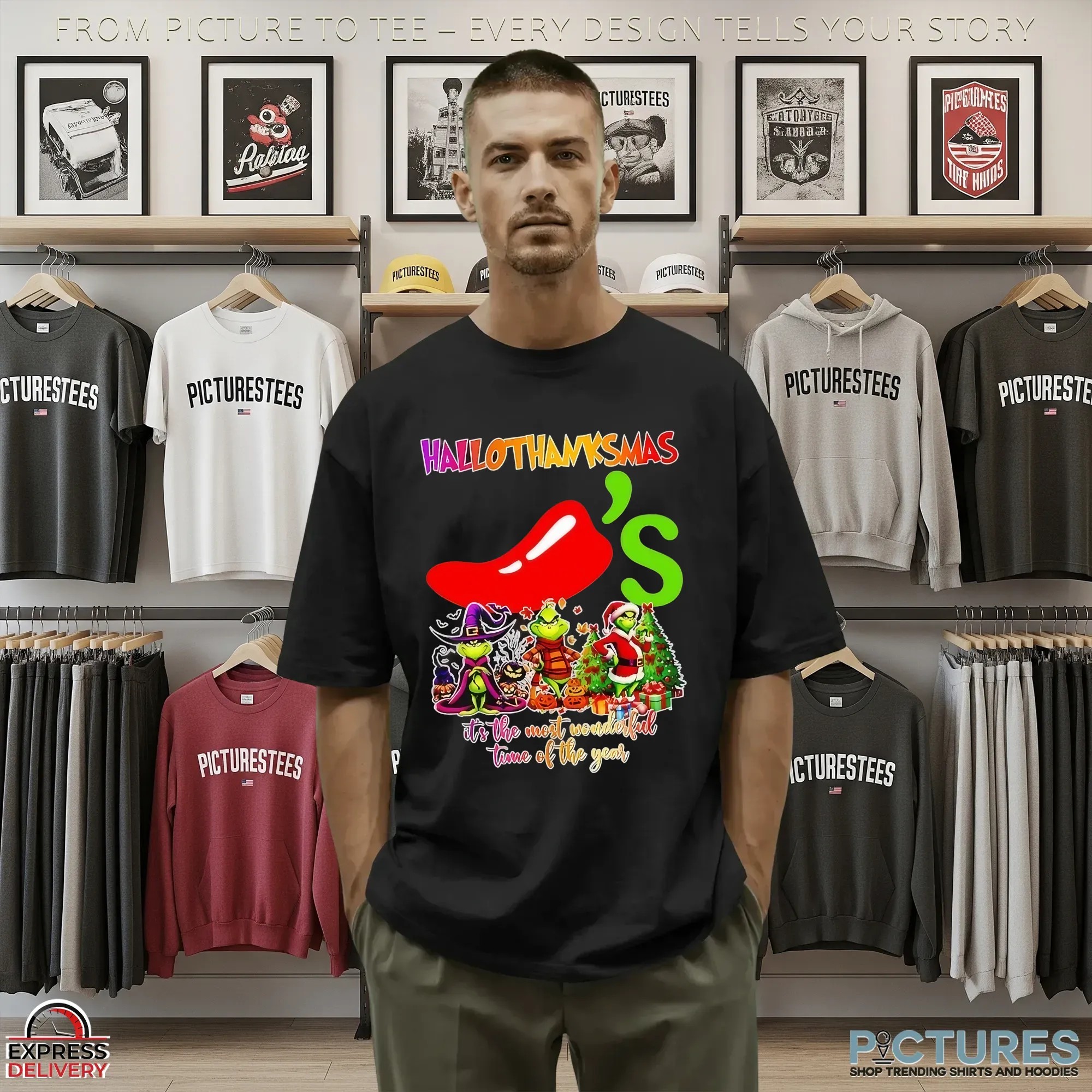 Grinch Hallothanksmas Chili's It's The Most Wonderful Time Of The Year Merry Christmas Mashup T Shirt