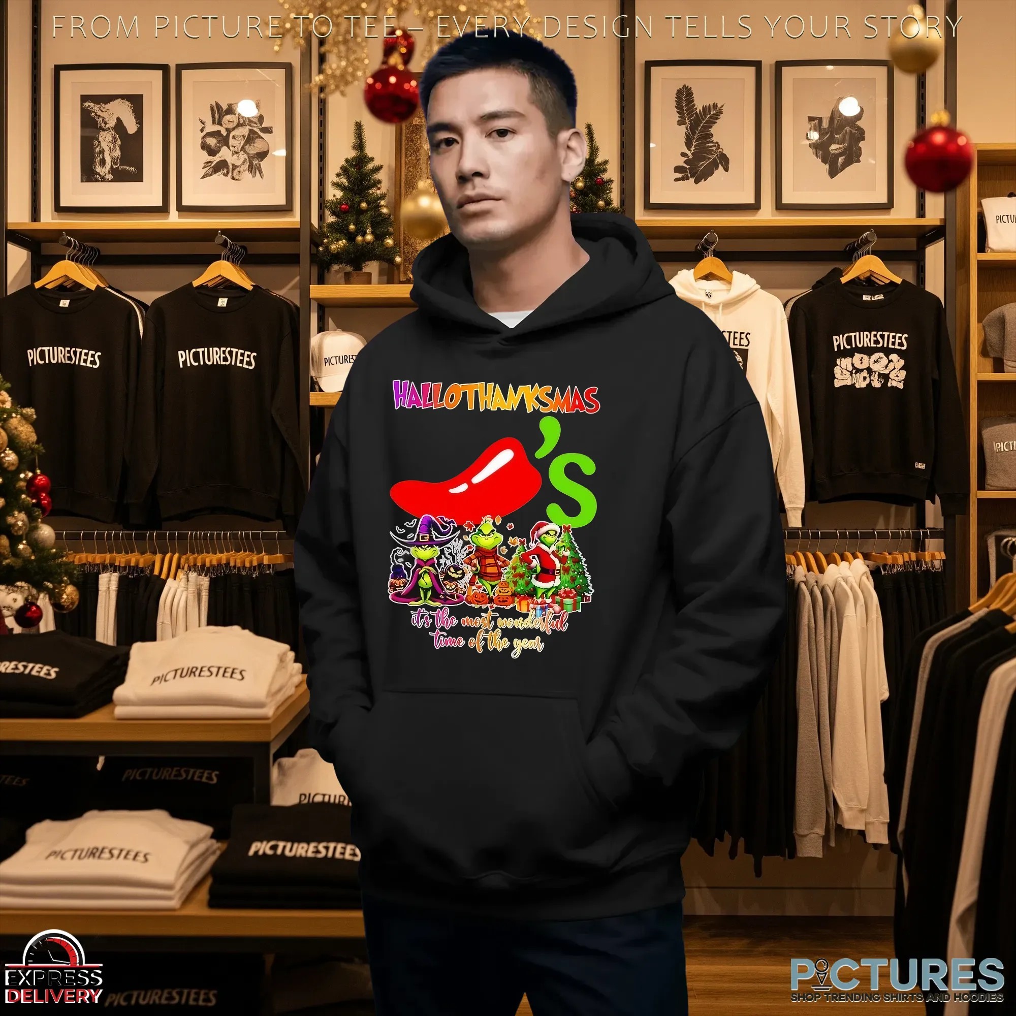 Grinch Hallothanksmas Chili's It's The Most Wonderful Time Of The Year Merry Christmas Mashup T Shirt