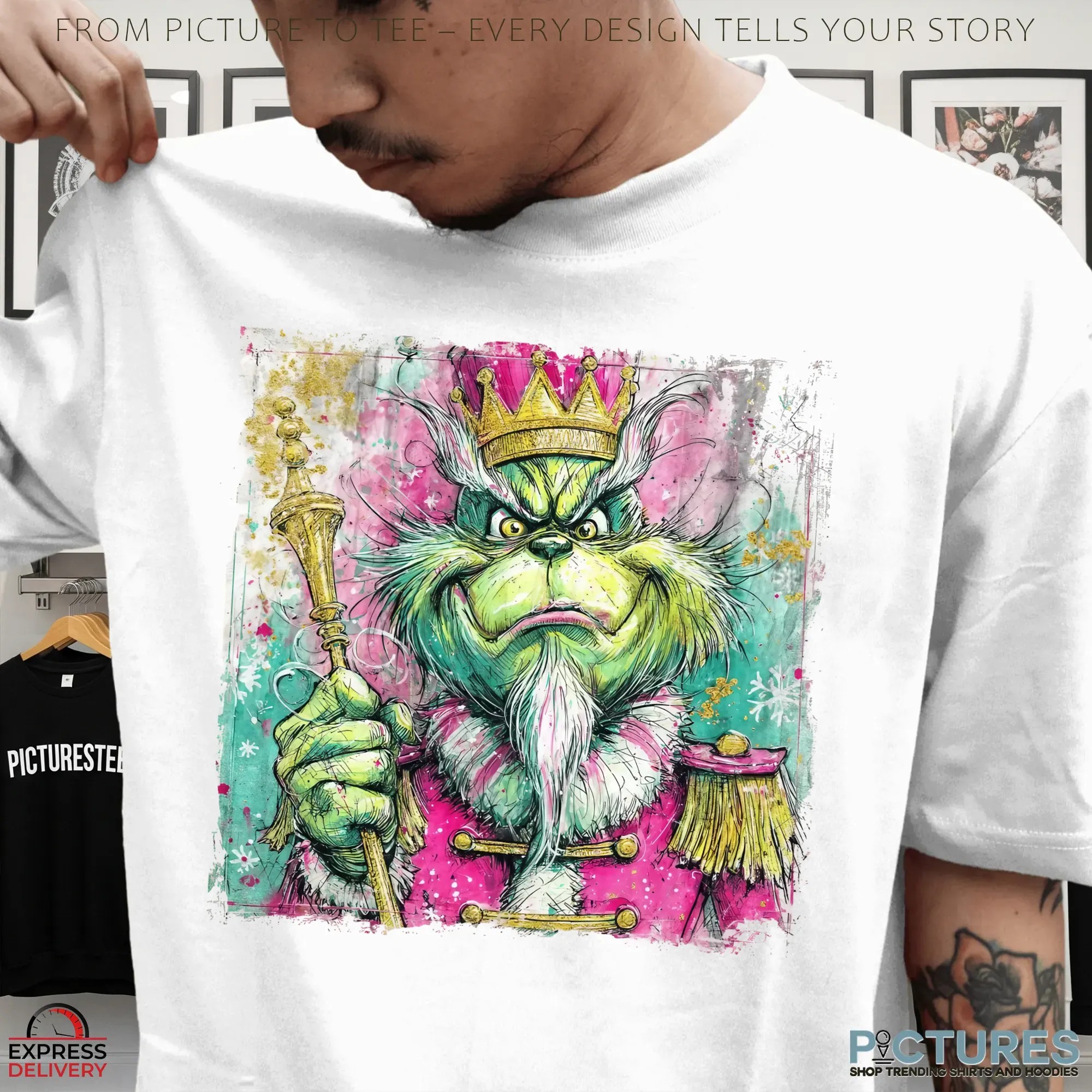 Grinch Preppy Green Monster Nutcracker Glitter Christmas Mean Guy T Shirt