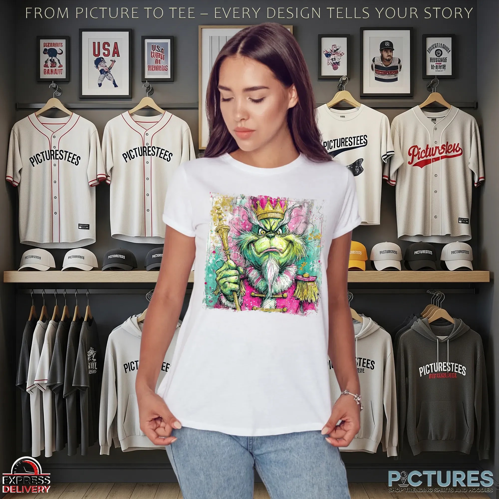 Grinch Preppy Green Monster Nutcracker Glitter Christmas Mean Guy T Shirt