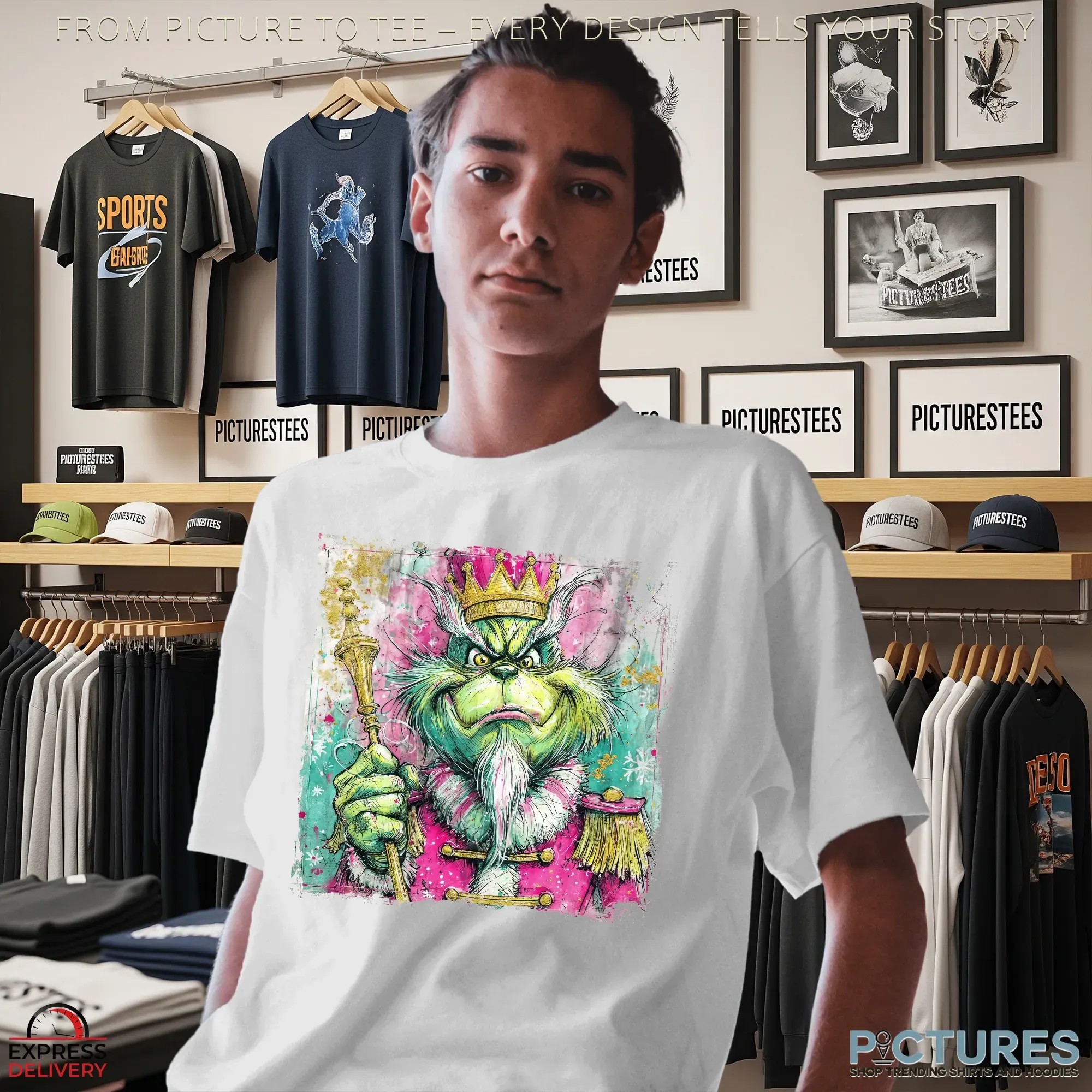 Grinch Preppy Green Monster Nutcracker Glitter Christmas Mean Guy T Shirt