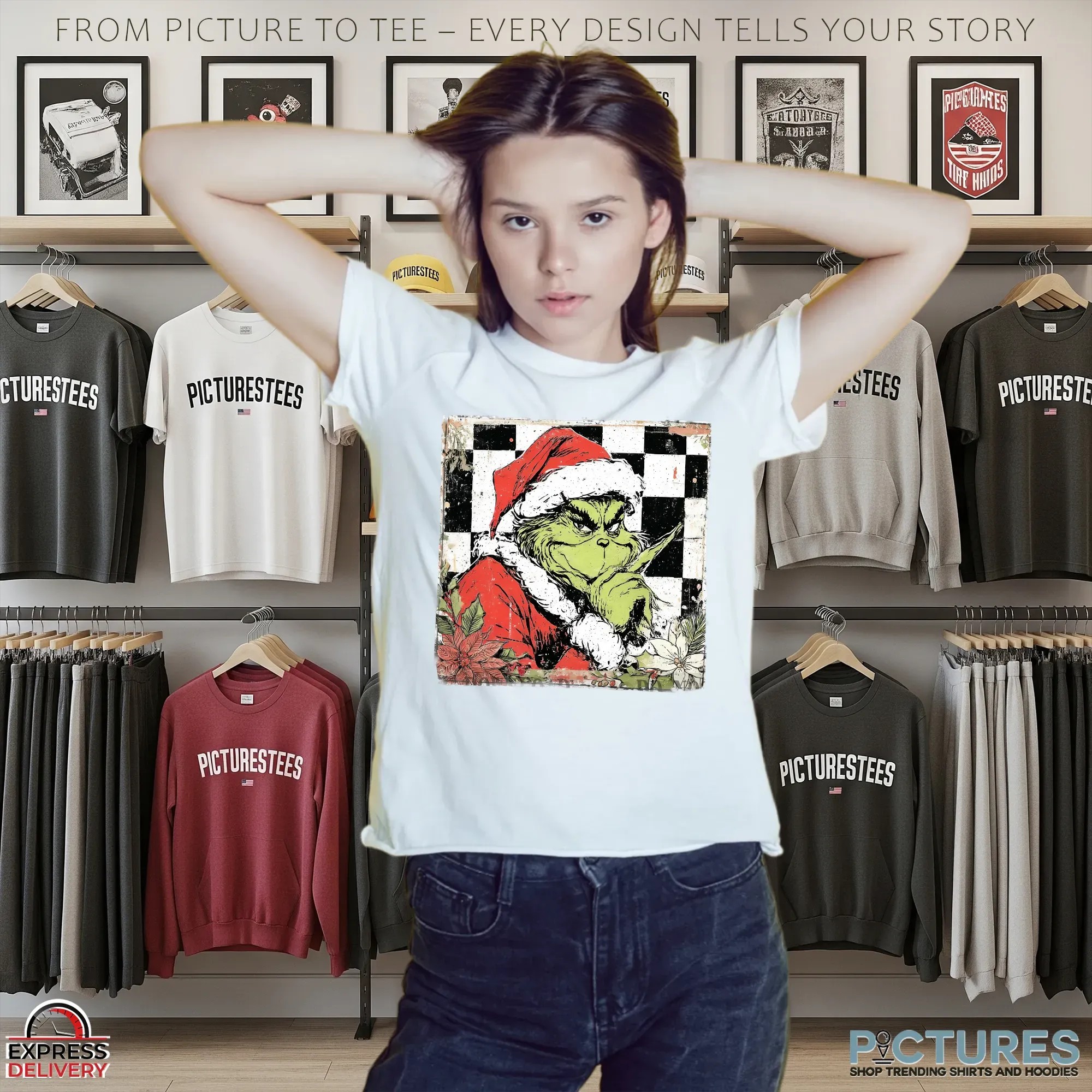 Grinch Vintage Checkered Grichmas Christmas Preppy Glitter T Shirt
