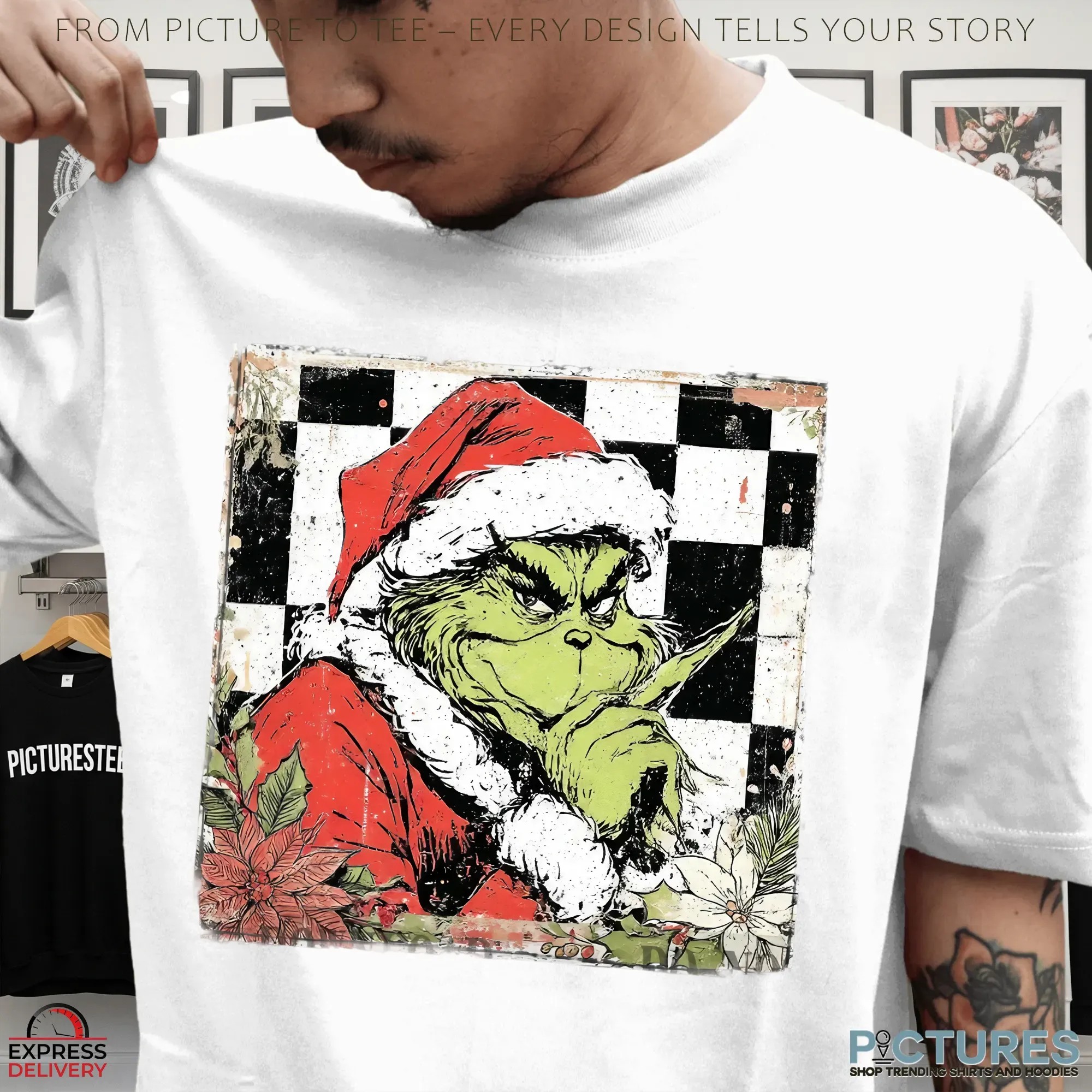 Grinch Vintage Checkered Grichmas Christmas Preppy Glitter T Shirt