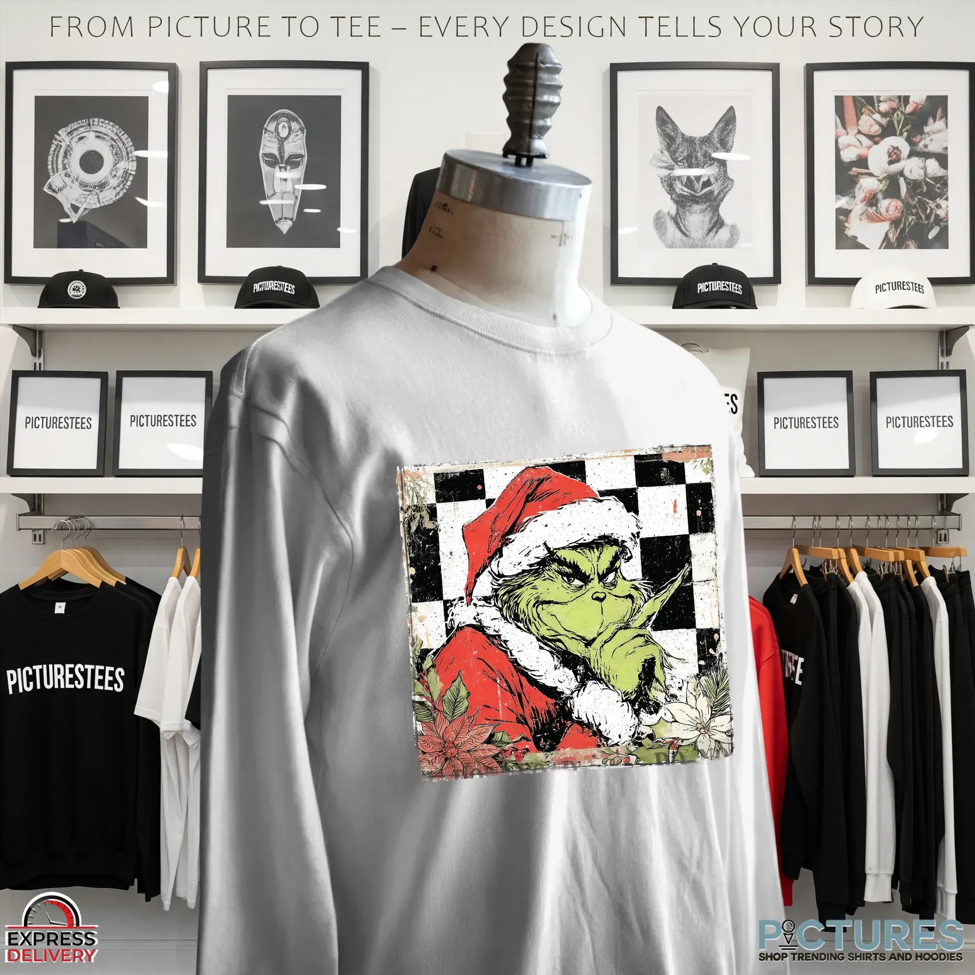 Grinch Vintage Checkered Grichmas Christmas Preppy Glitter T Shirt