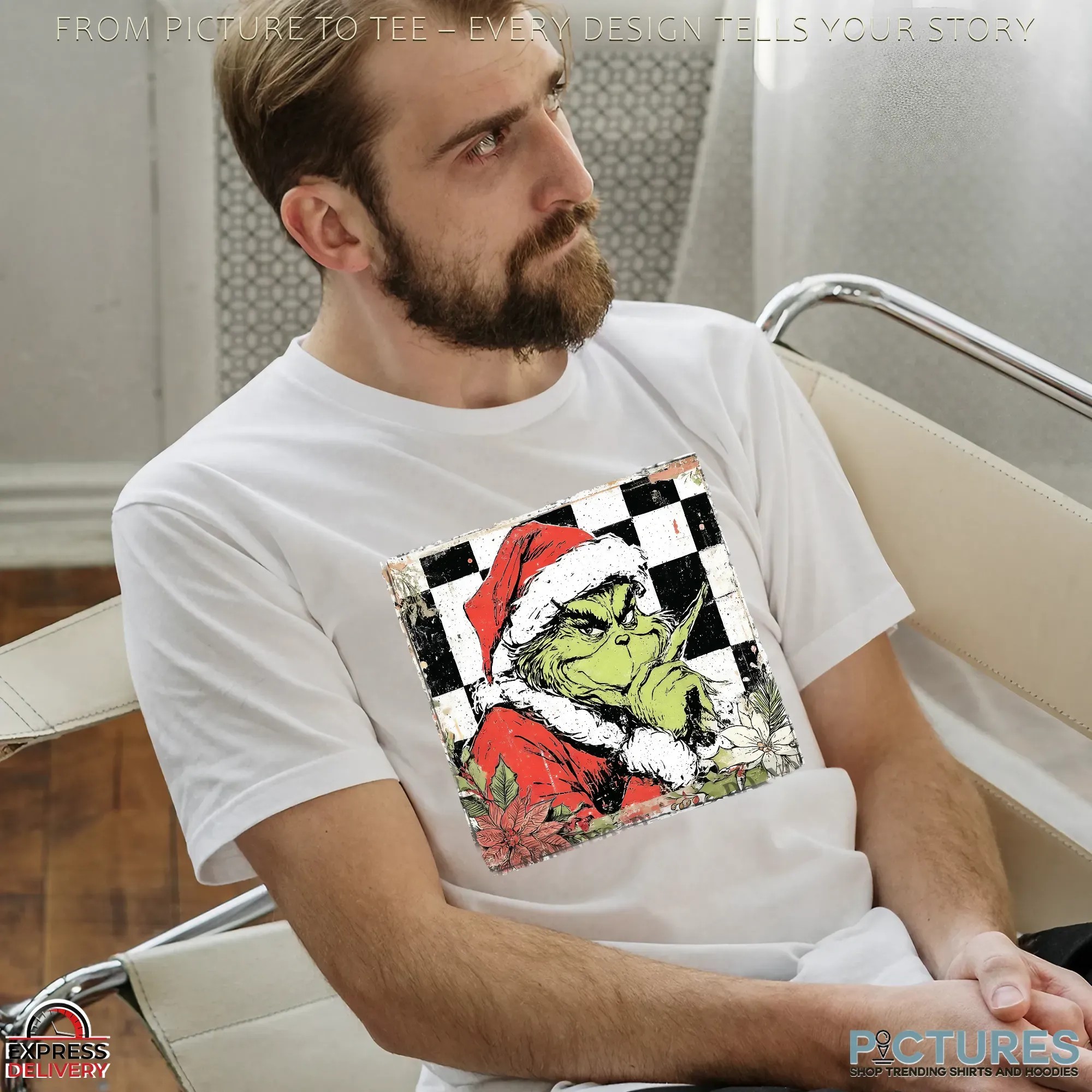 Grinch Vintage Checkered Grichmas Christmas Preppy Glitter T Shirt