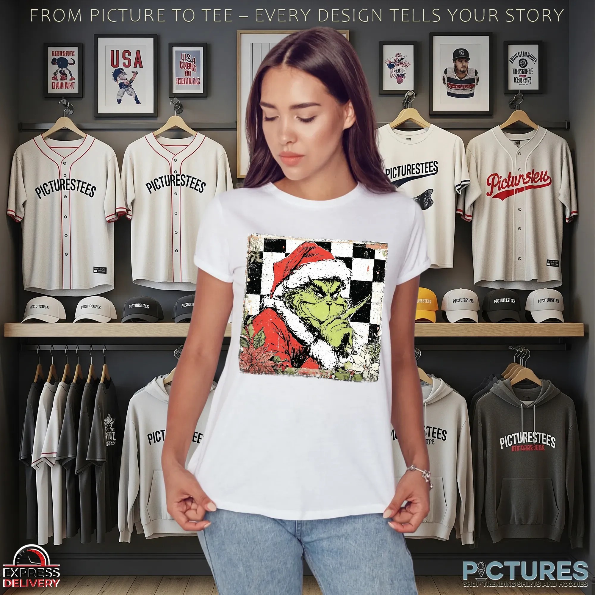 Grinch Vintage Checkered Grichmas Christmas Preppy Glitter T Shirt