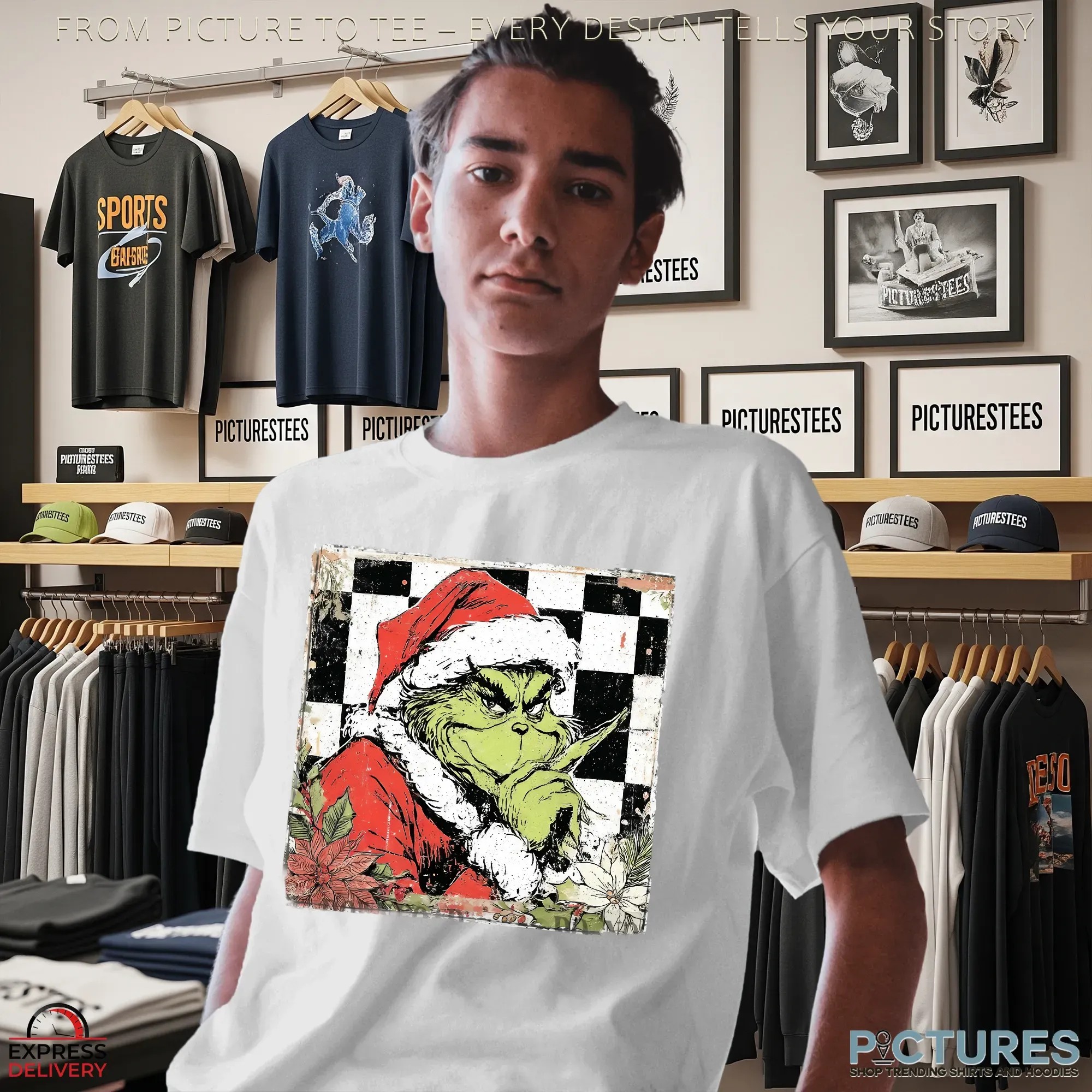 Grinch Vintage Checkered Grichmas Christmas Preppy Glitter T Shirt