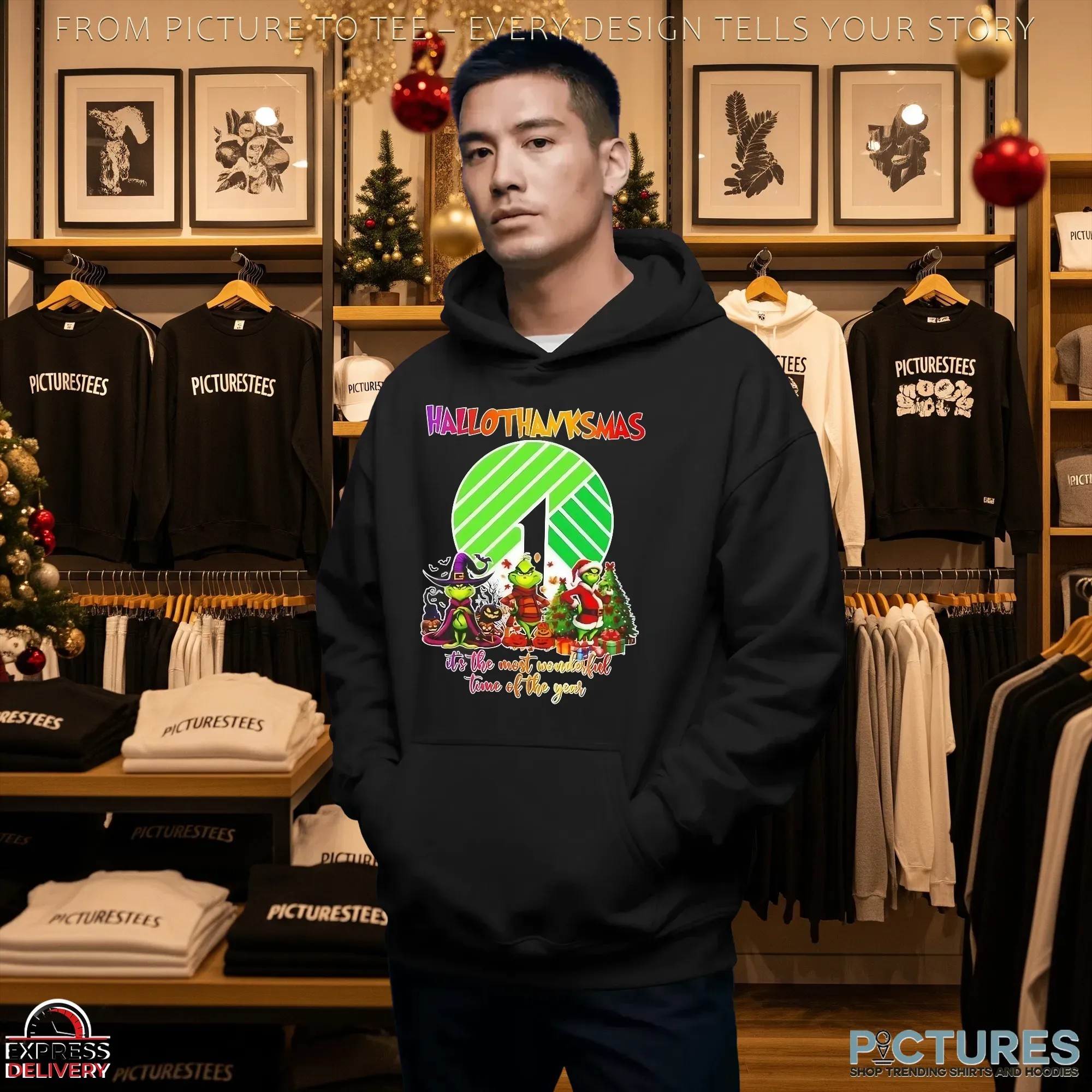 Grinch X Dollar Tree Hallothanksmas It's The Most Wonderful Time Of The Year Happy Halloween Christmas T Shirt