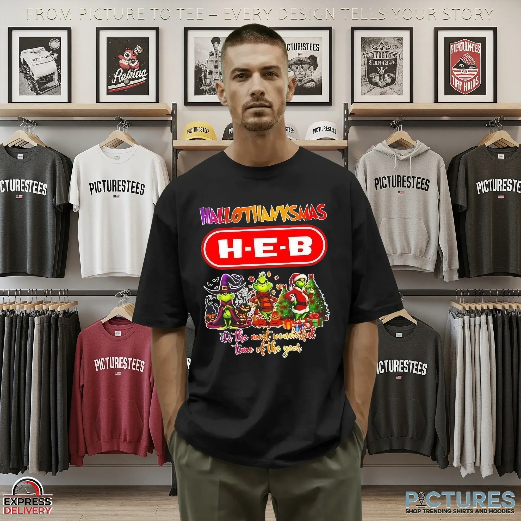 Grinch X H-E-B Grocery Hallothanksmas It's The Most Wonderful Time Of The Year Happy Halloween Christmas T Shirt
