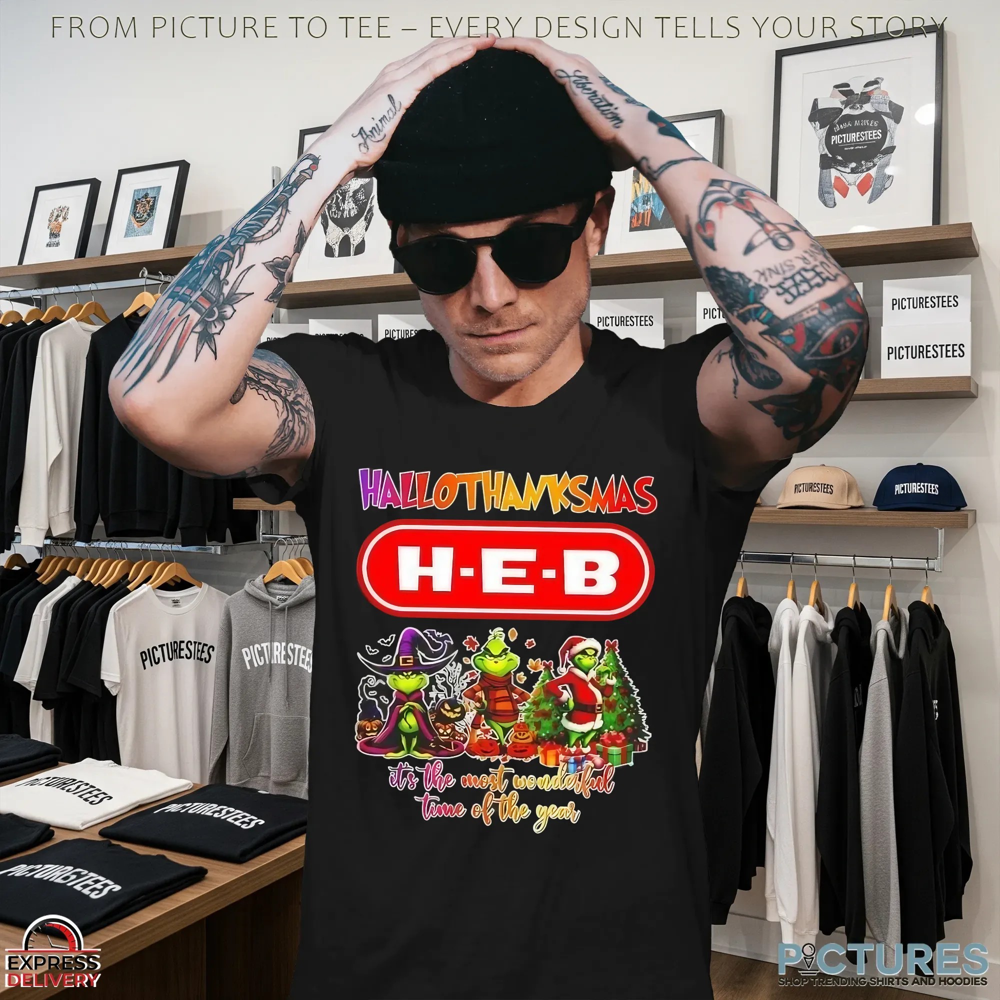 Grinch X H-E-B Grocery Hallothanksmas It's The Most Wonderful Time Of The Year Happy Halloween Christmas T Shirt