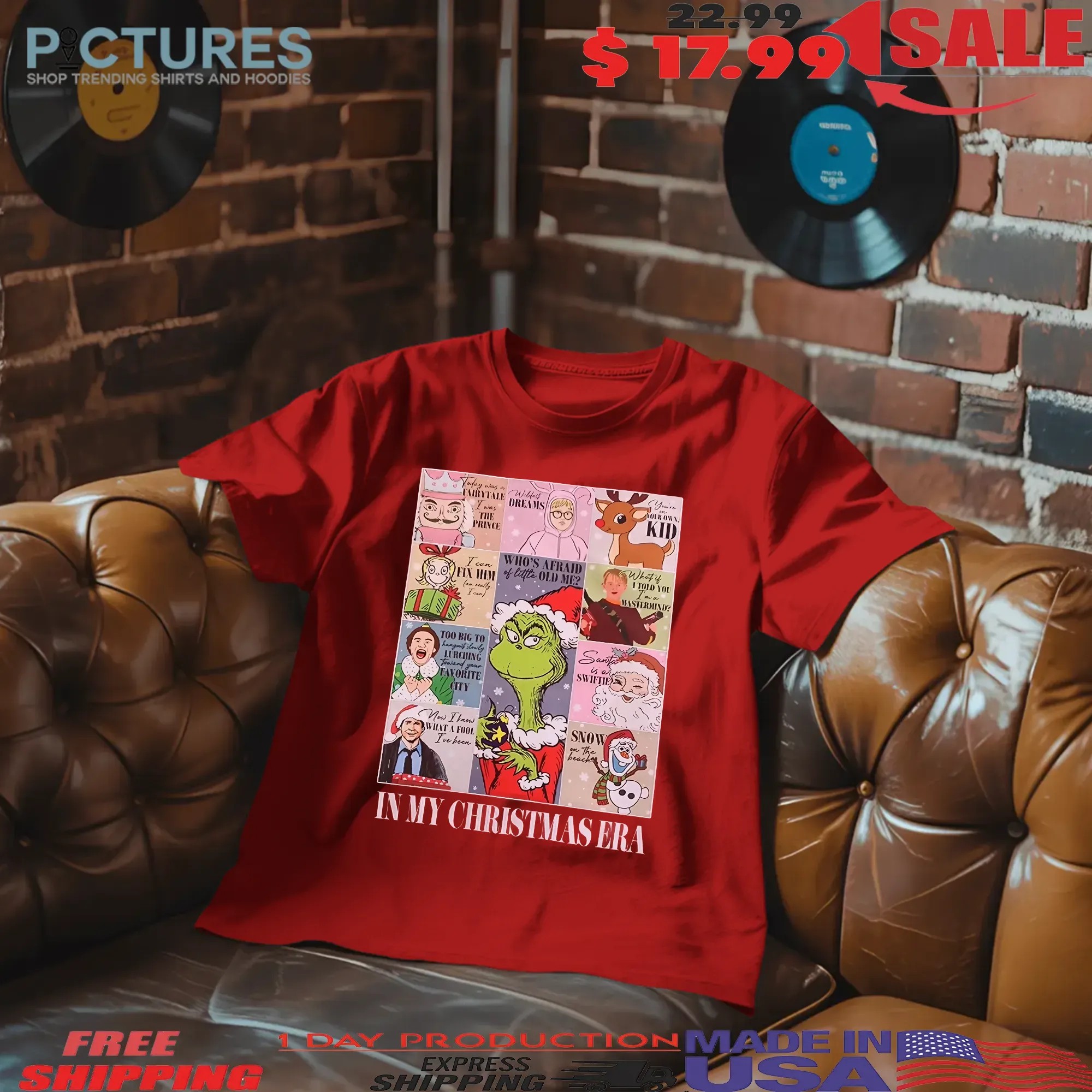 In My Christmas Era Holiday with Grinch, Rudolph, Olaf and Santa Graphic Parody T Shirt