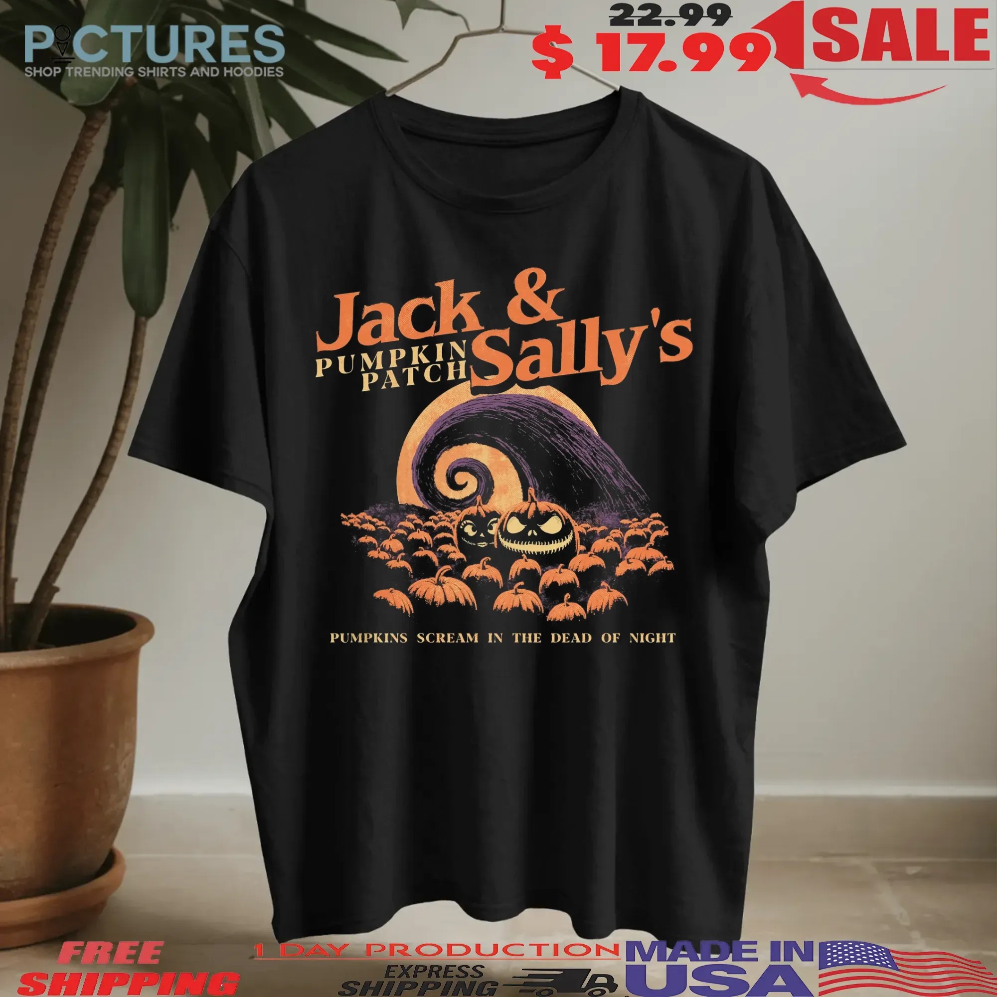 Jack And Sally's Pumpkin Patch Pumpkins Scream In The Dead Of Night Halloween T Shirt
