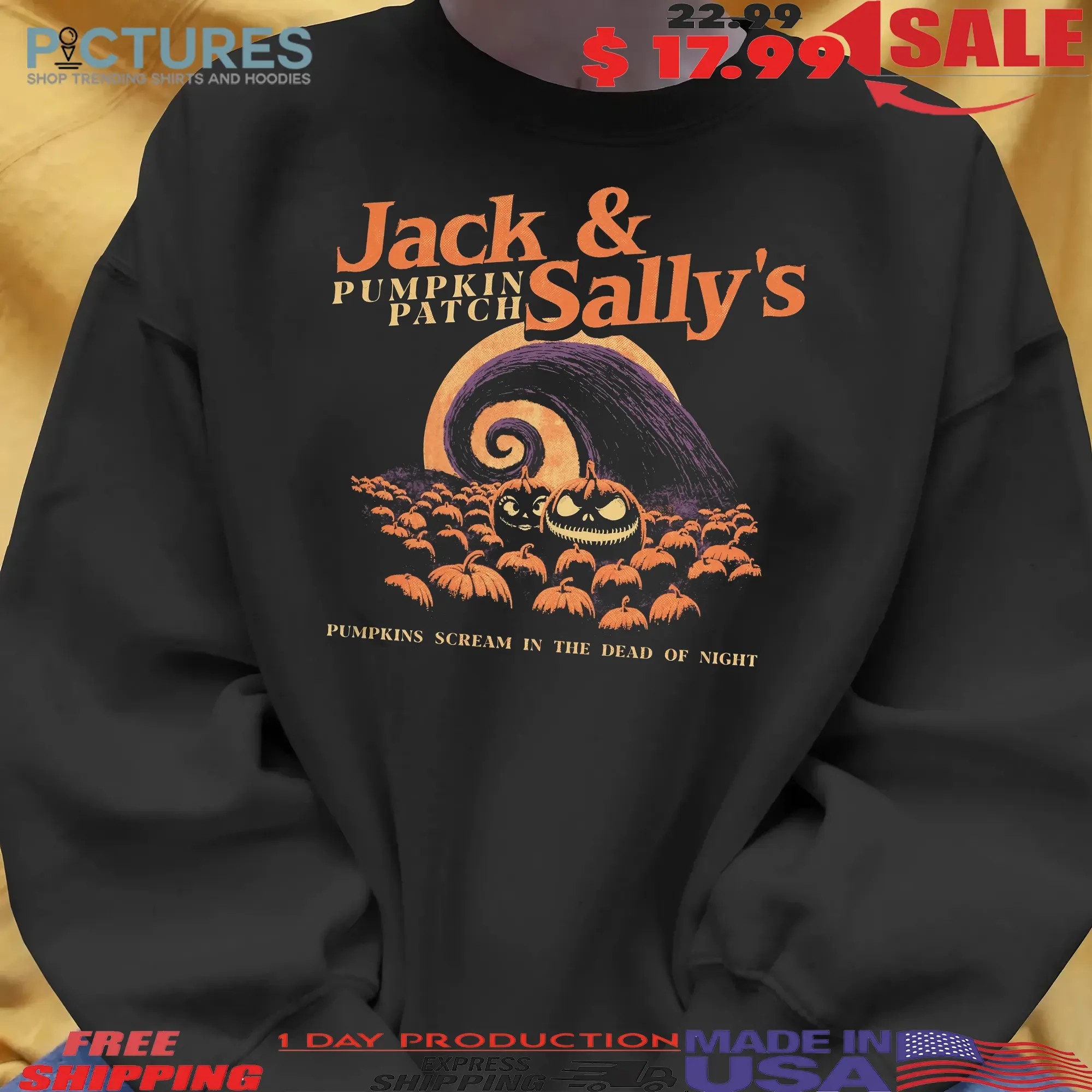 Jack And Sally's Pumpkin Patch Pumpkins Scream In The Dead Of Night Halloween T Shirt