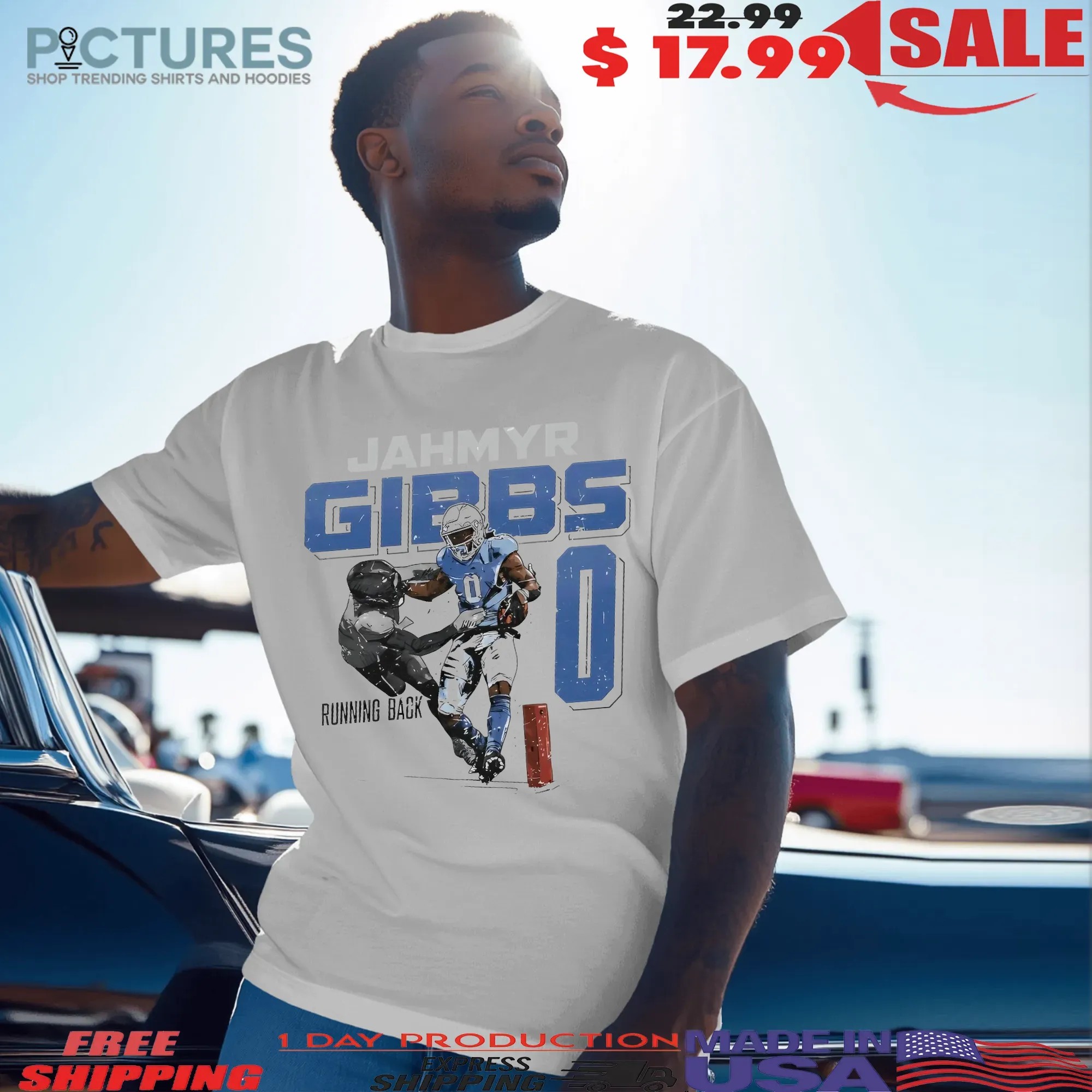 Jahmyr Gibbs Detroit Lions Number 0 Running Back Stiff Arm T Shirt