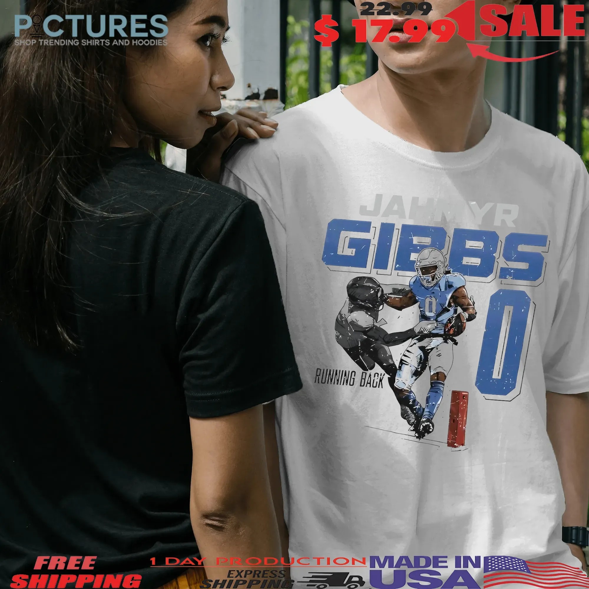 Jahmyr Gibbs Detroit Lions Number 0 Running Back Stiff Arm T Shirt