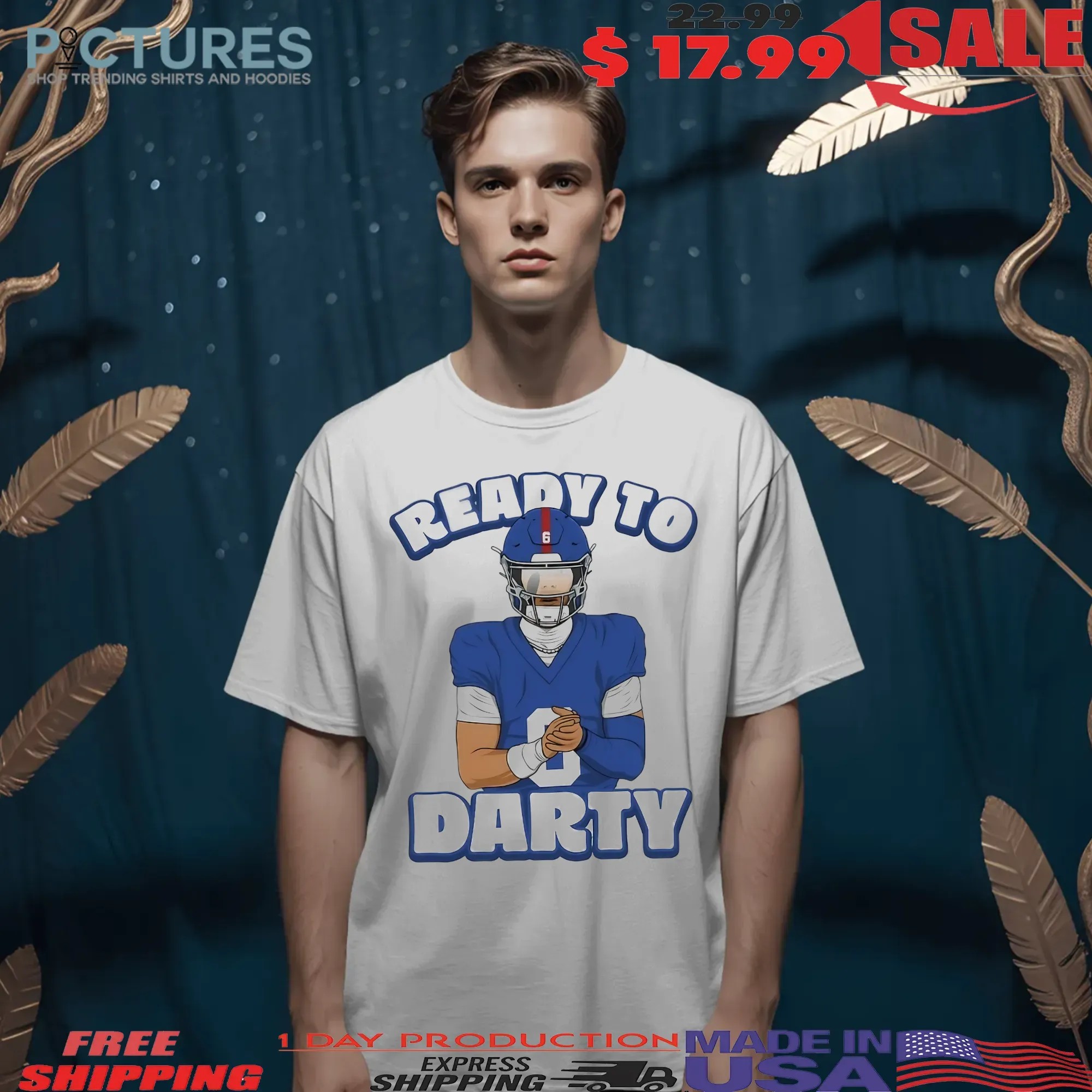 Jaxson Dart New York Giants Ready To Darty Graphic Portrait T Shirt