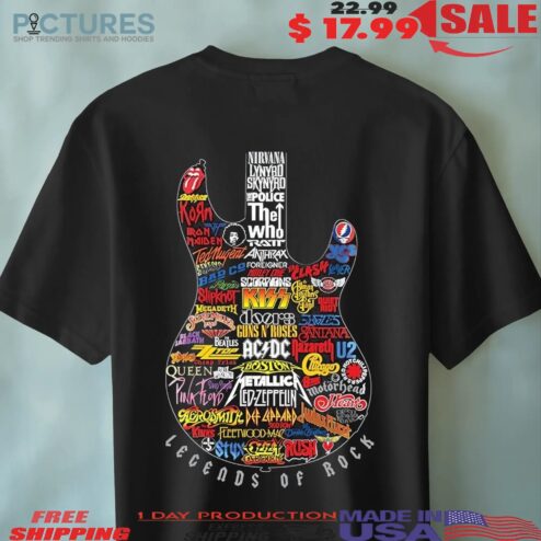 Legends Of Rock Guitar Shape Iconic Bands Logo Collage T Shirt