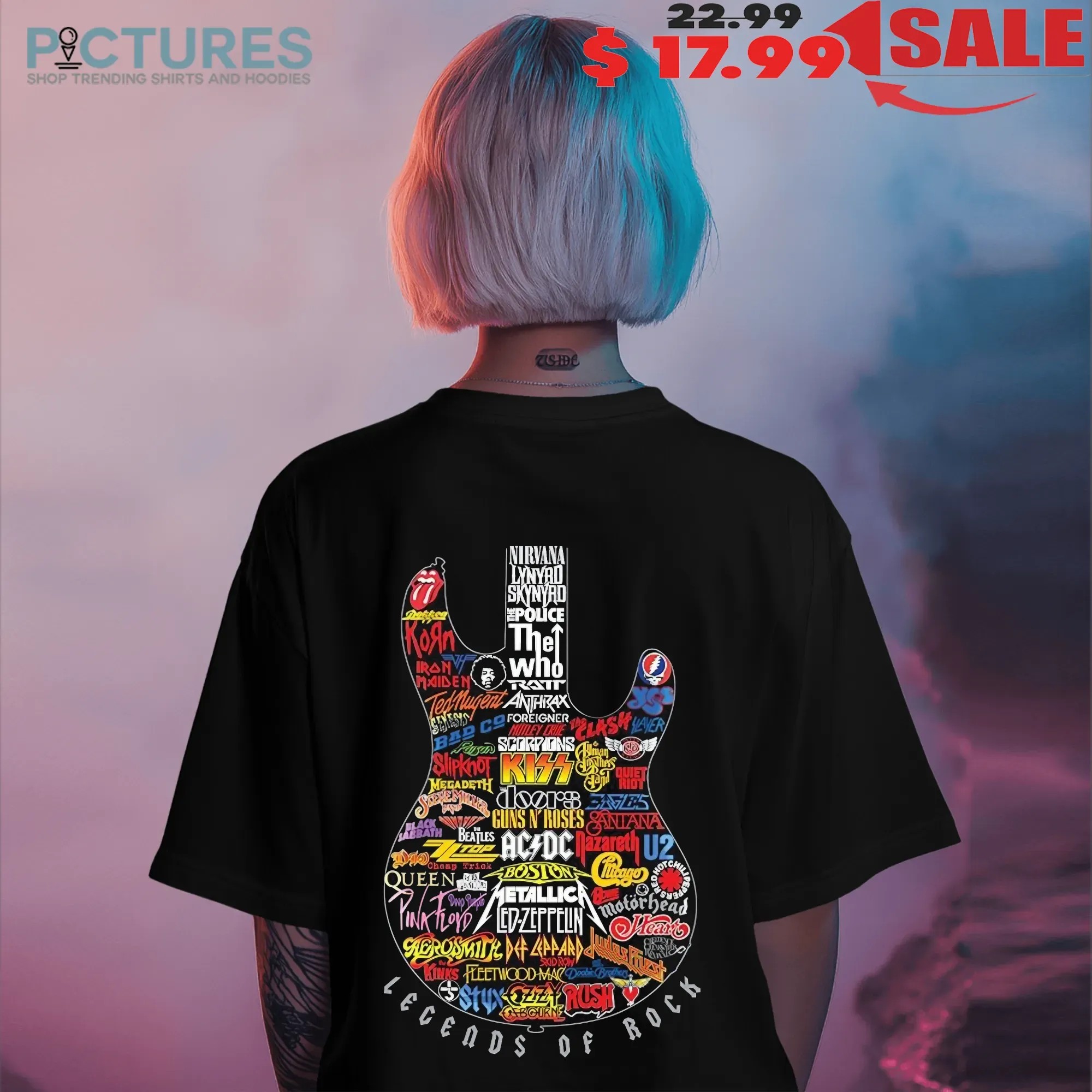 Legends Of Rock Guitar Shape Iconic Bands Logo Collage T Shirt
