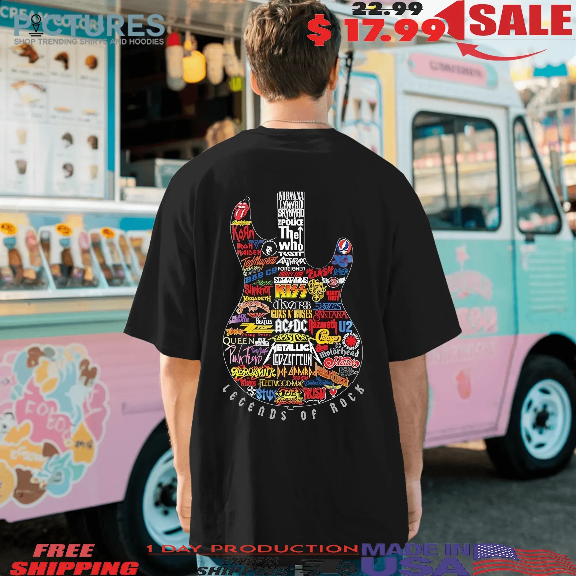 Legends Of Rock Guitar Shape Iconic Bands Logo Collage T Shirt
