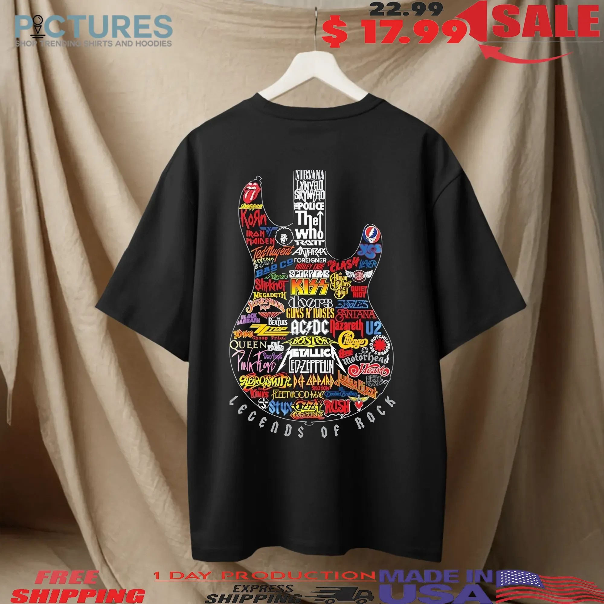 Legends Of Rock Guitar Shape Iconic Bands Logo Collage T Shirt