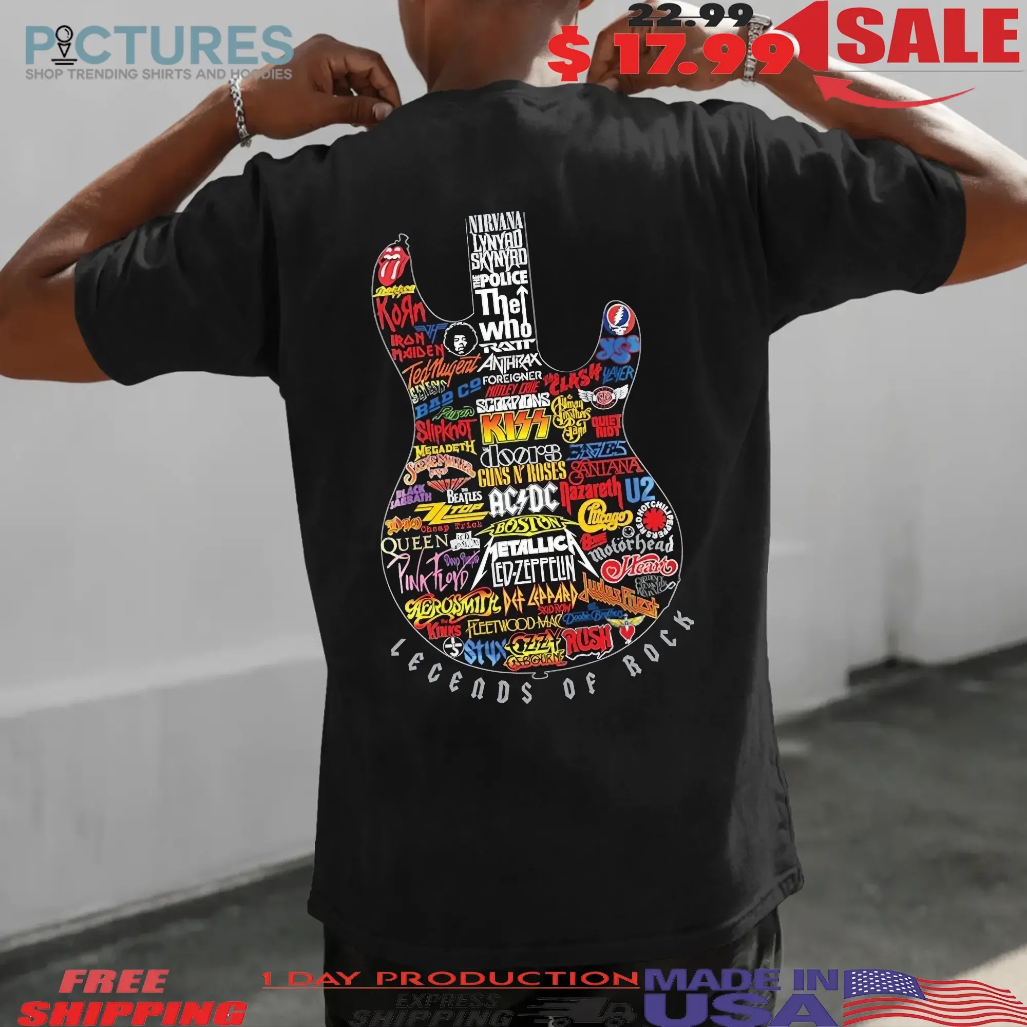 Legends Of Rock Guitar Shape Iconic Bands Logo Collage T Shirt