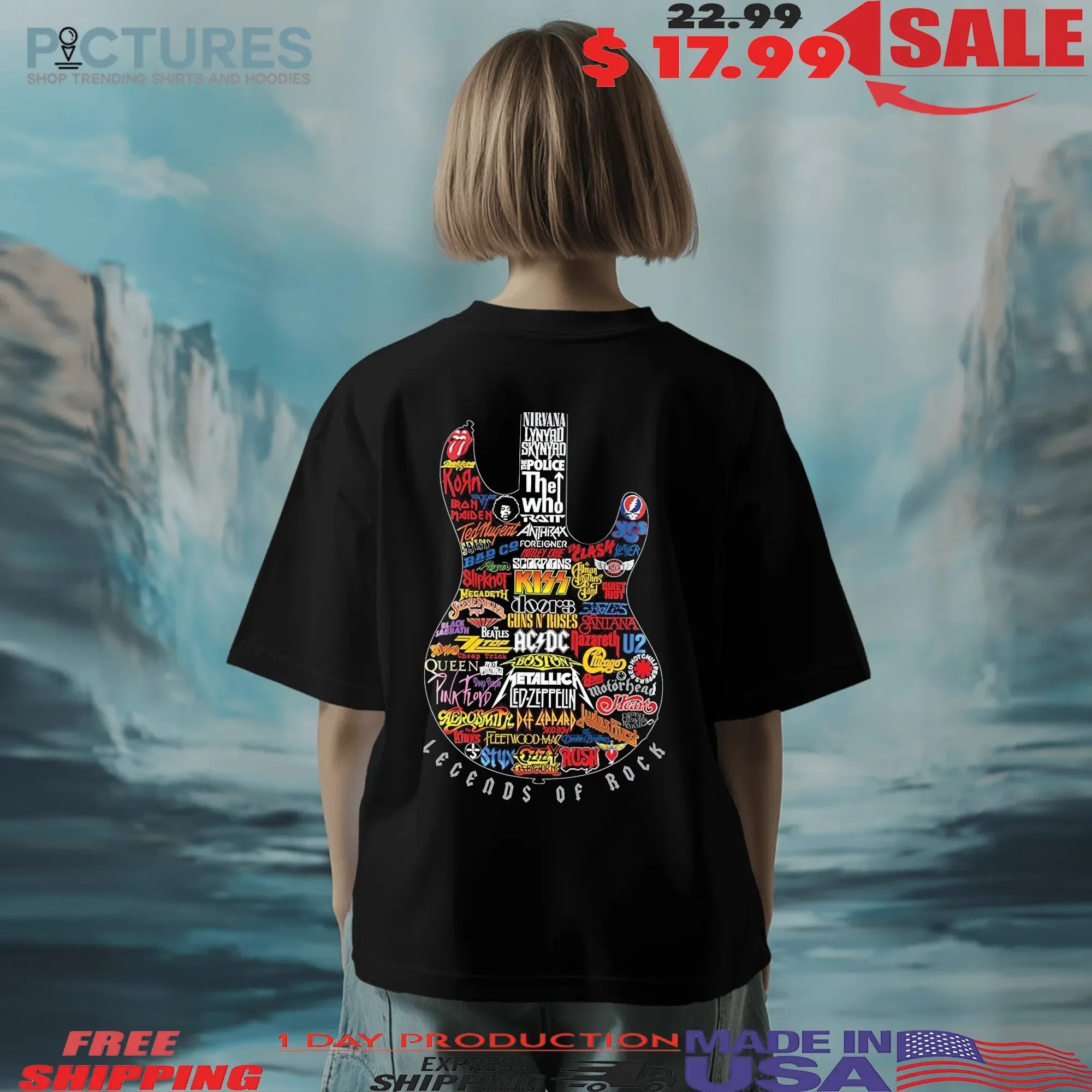 Legends Of Rock Guitar Shape Iconic Bands Logo Collage T Shirt