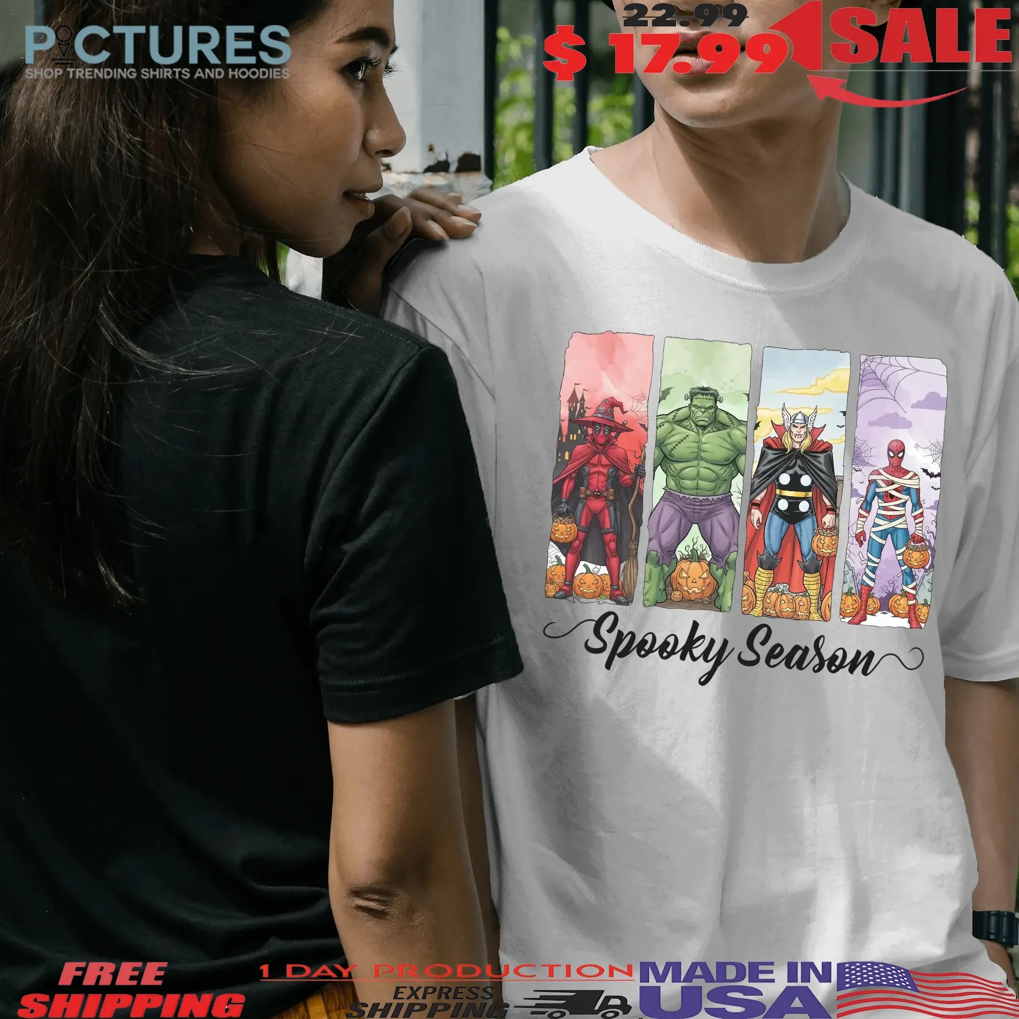 Marvel Avenger Spooky Season Superhero Deadpool Hulk Spiderman Pumpkin Halloween Party T Shirt