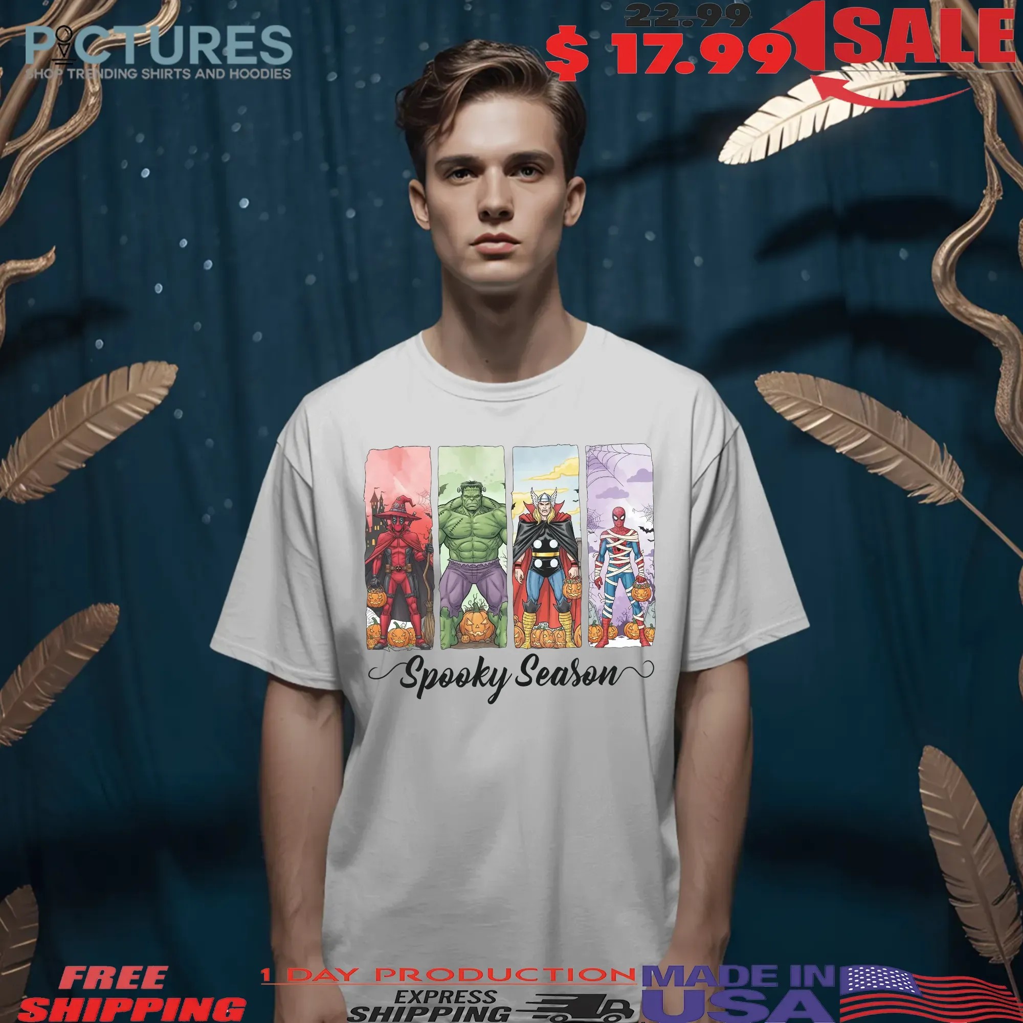 Marvel Avenger Spooky Season Superhero Deadpool Hulk Spiderman Pumpkin Halloween Party T Shirt