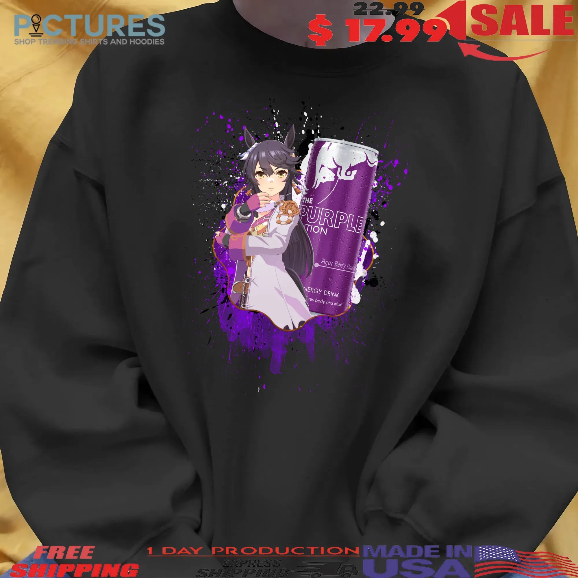 Narita Brian Uma Musume Pretty Derby Red Bull The Purple Edition Acai Berry Flavour Energy Drink Anime Mashup T Shirt