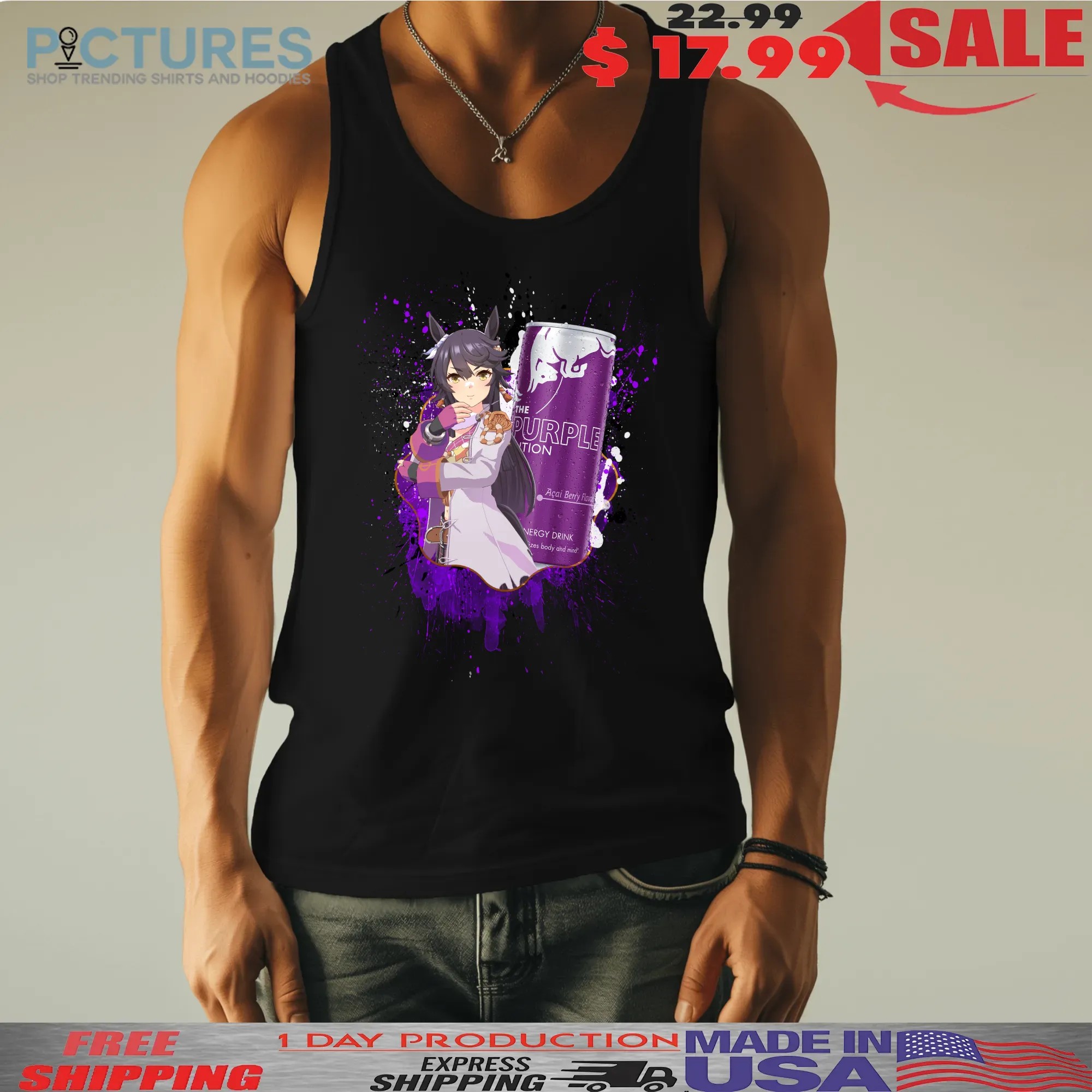 Narita Brian Uma Musume Pretty Derby Red Bull The Purple Edition Acai Berry Flavour Energy Drink Anime Mashup T Shirt
