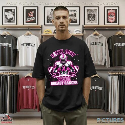 Neon Pink Out Tackle Breast Cancer Football Pink Ribbon T Shirt